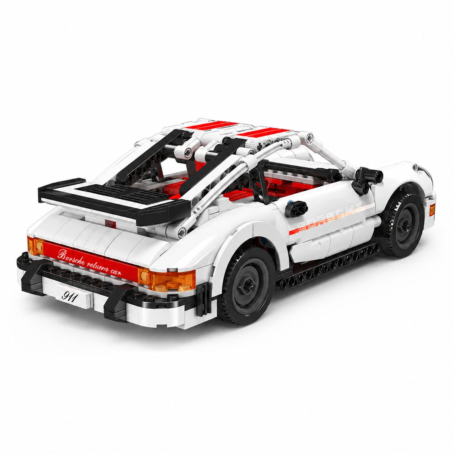 Biały model Lego Porsche 911 z czerwonymi pasami i czarnym spojlerem.