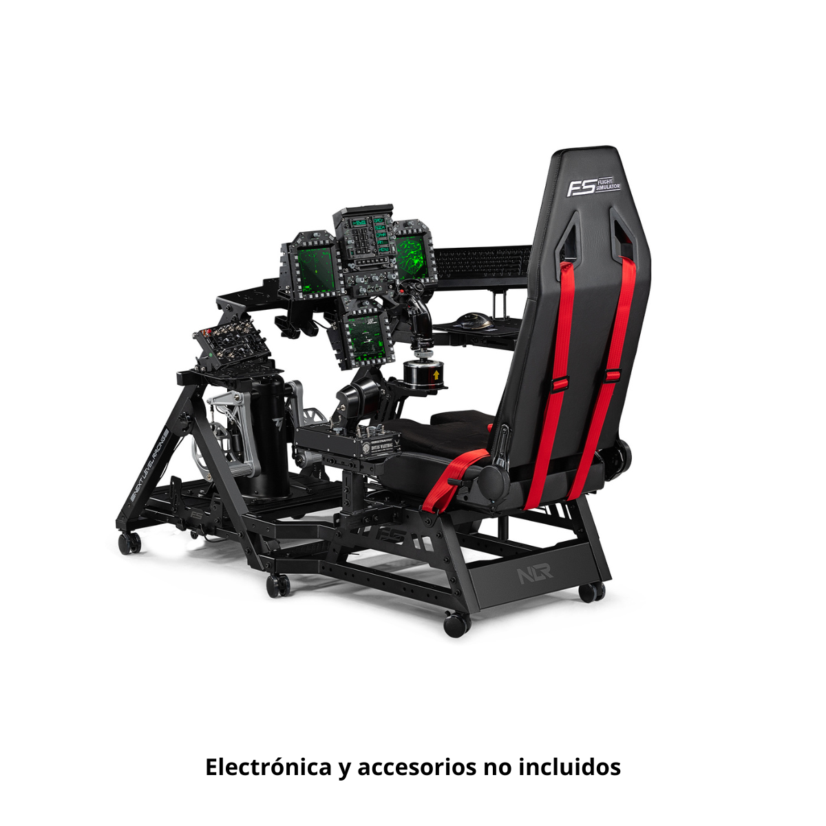 Un asiento de simulador de carreras negro con correas rojas, joysticks y pantallas.
