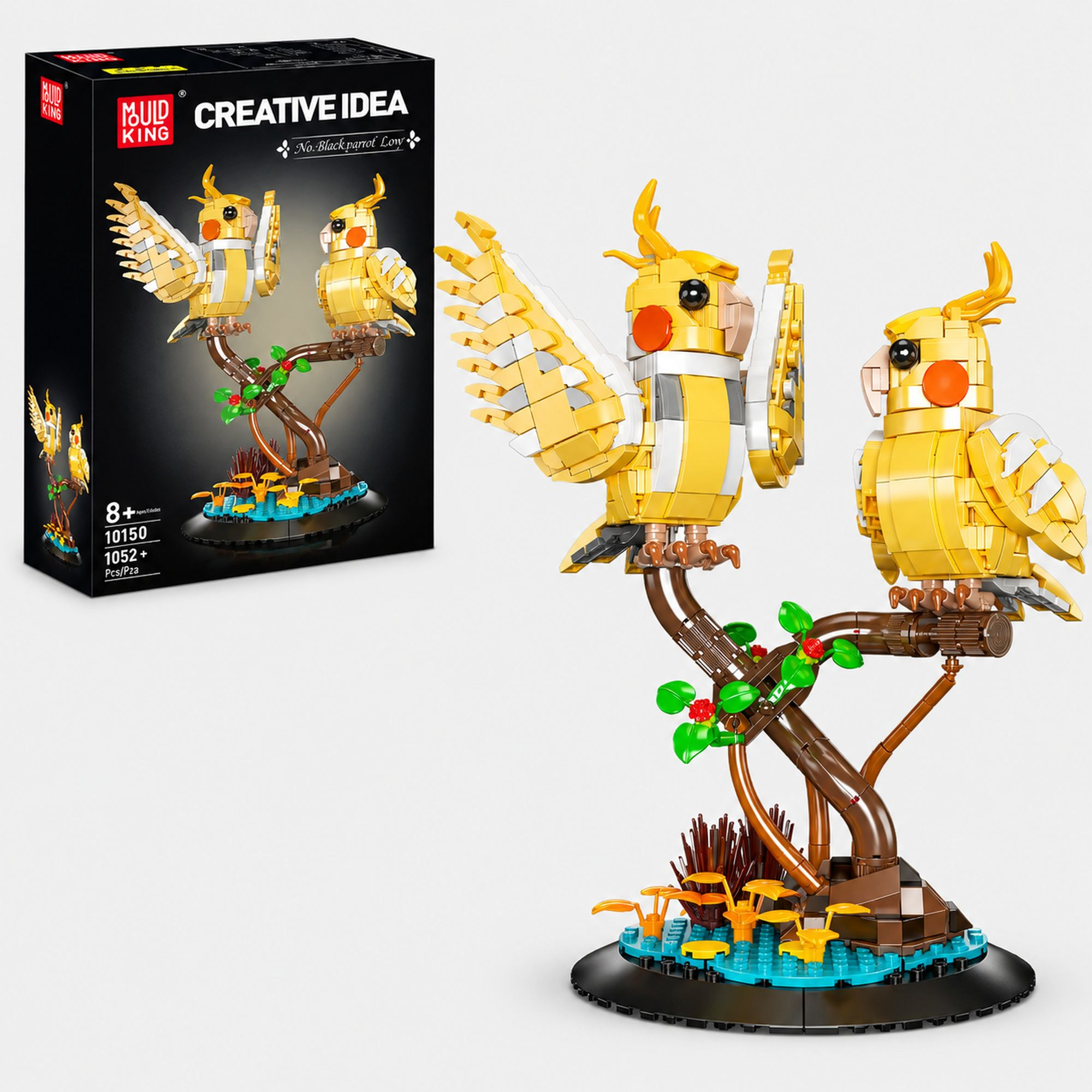 Dwa żółte papugi Lego siedzą na gałęzi z zielonymi liśćmi i czerwonymi jagodami.