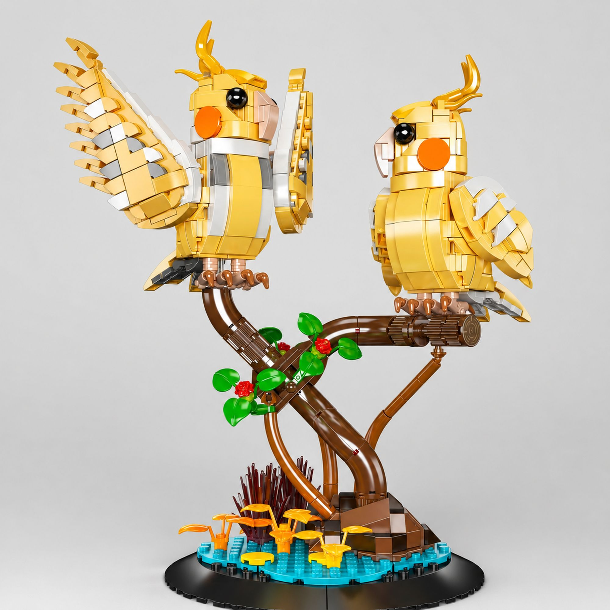 Dwa żółte papużki nierozłączki z Lego na gałęzi z zielonymi liśćmi i czerwonymi jagodami.