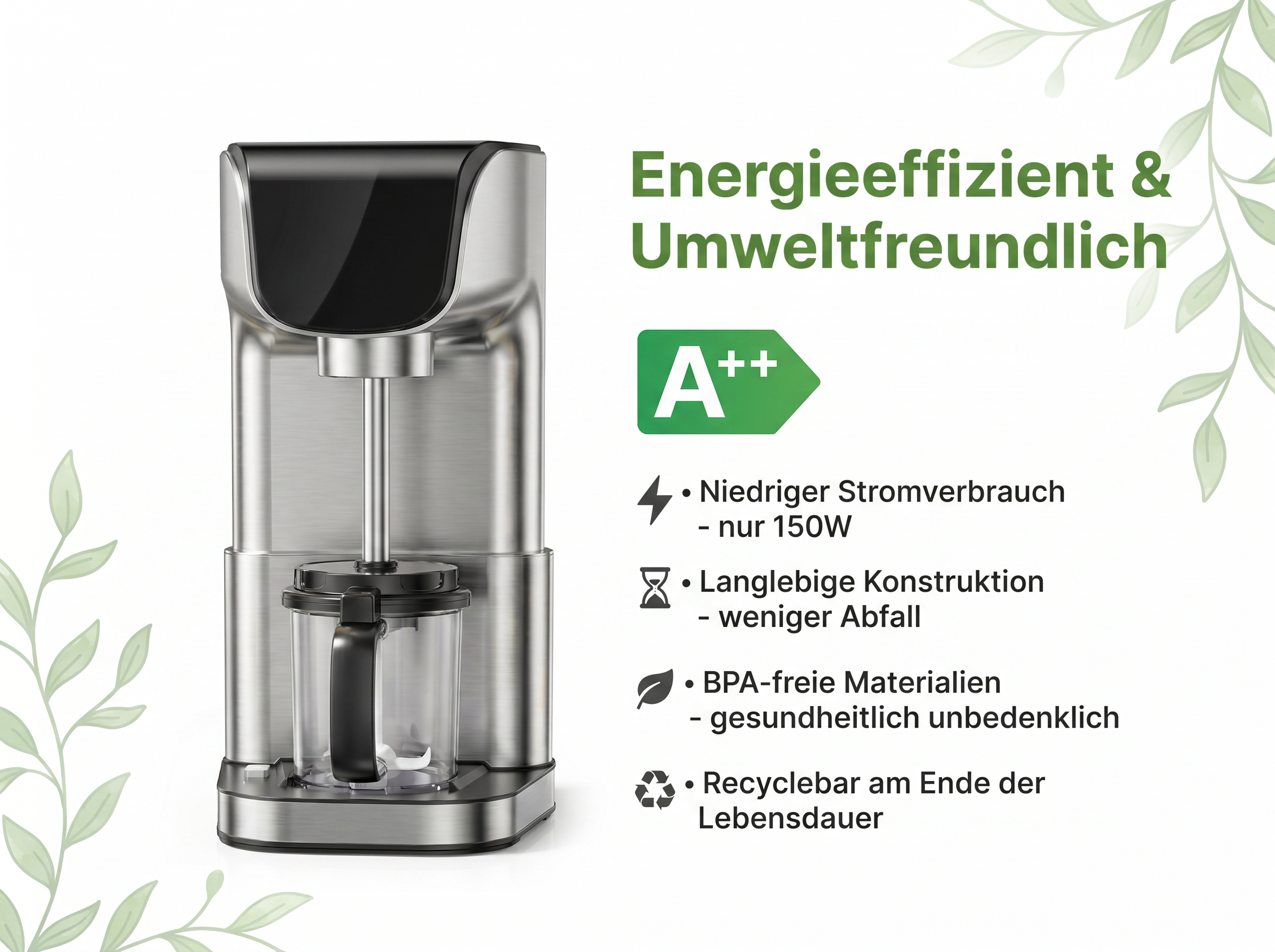 Silberner Mixer mit A++ Energieeffizienz-Label, BPA-frei.