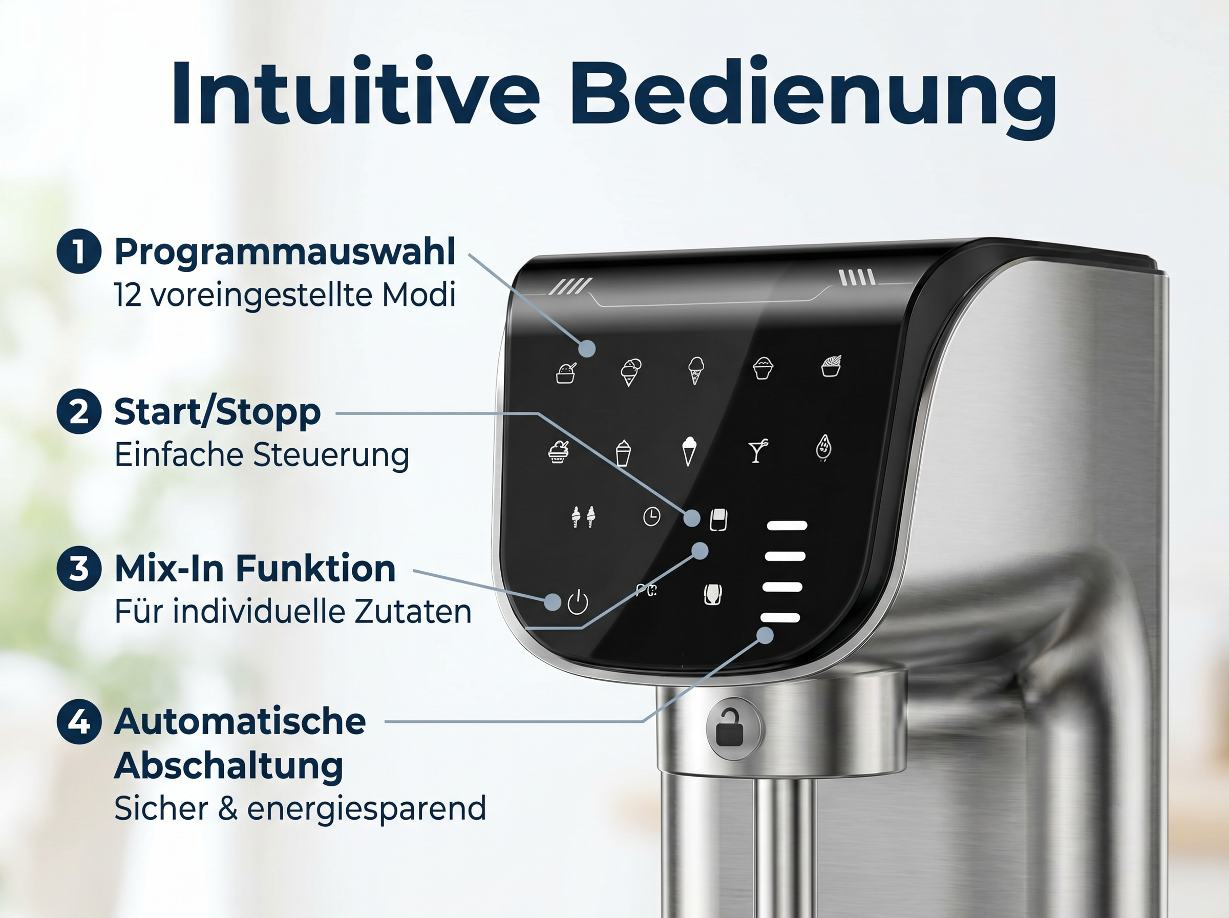 Eine Eismaschine mit Touchscreen-Bedienfeld zeigt Programme an.