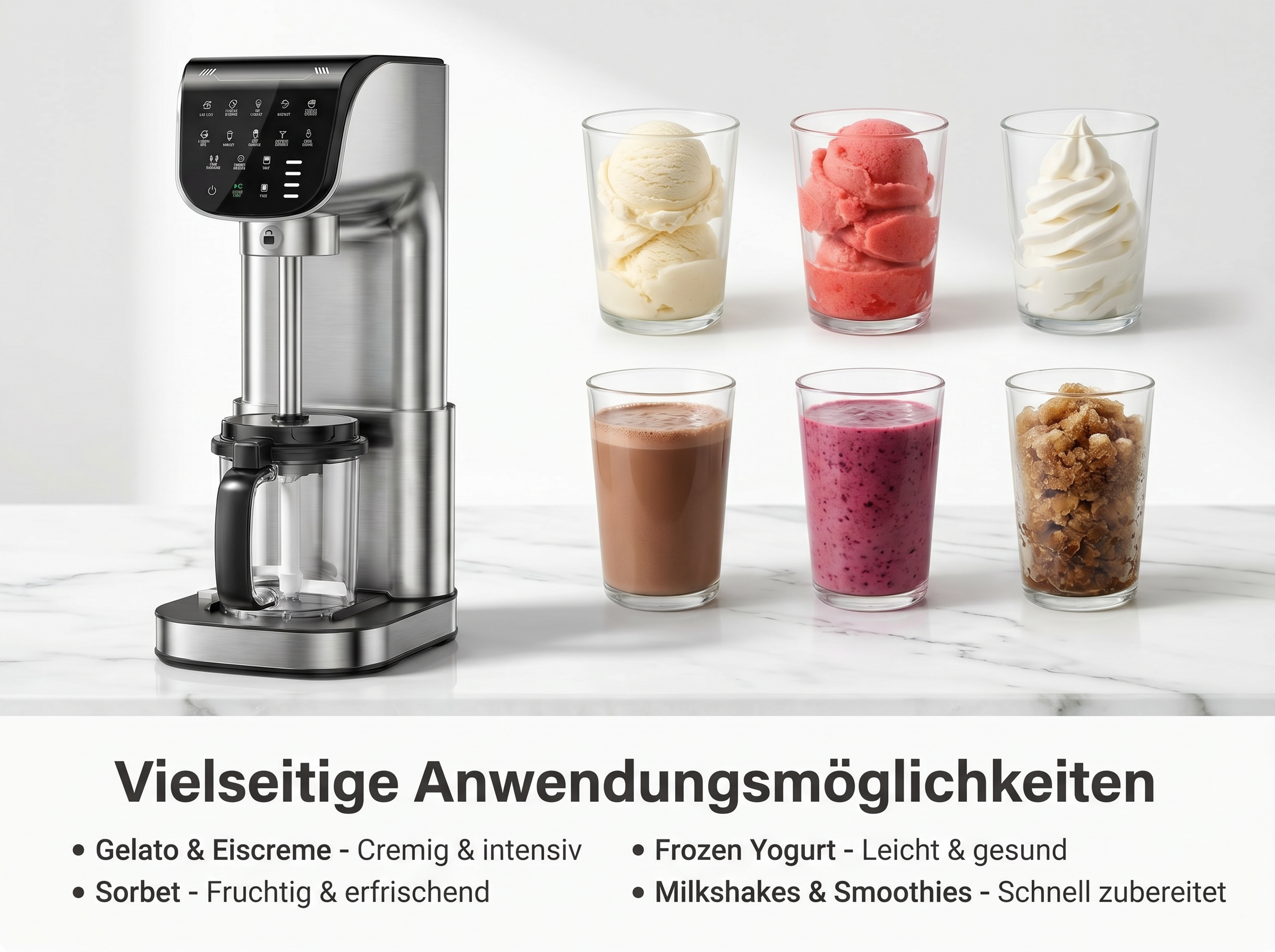 Ein Silberfarbenes Küchengerät neben Gläsern mit Eiscreme, Sorbet, Joghurt, Milchshake und Slush.