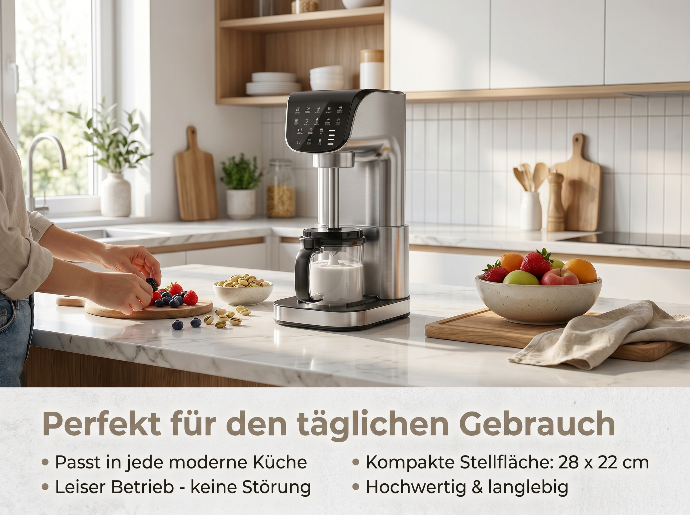Moderne Küche mit Obst und einer Küchenmaschine. Person bereitet Früchte zu.