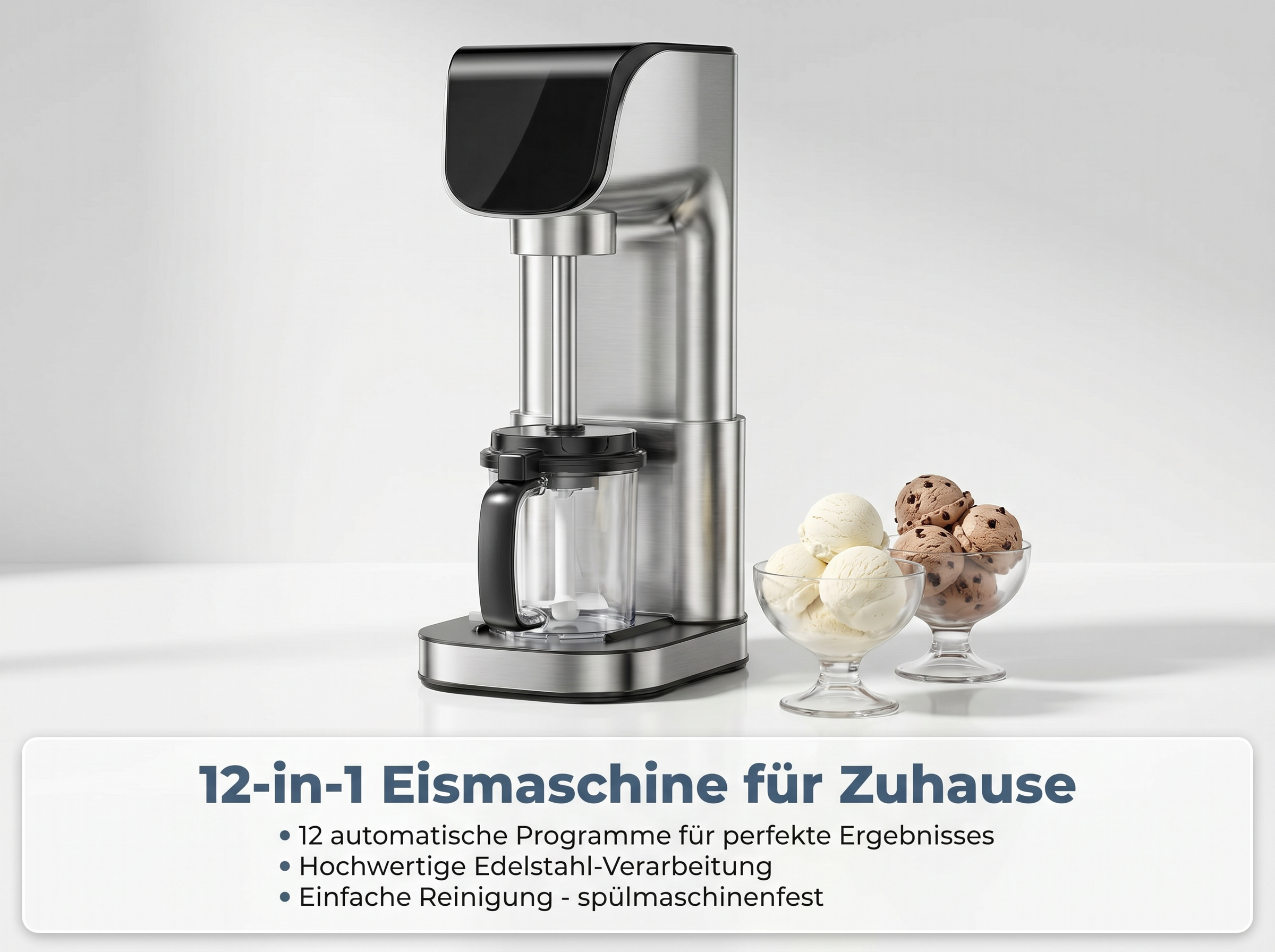 Edelstahl Eismaschine mit Eis in Schalen daneben.