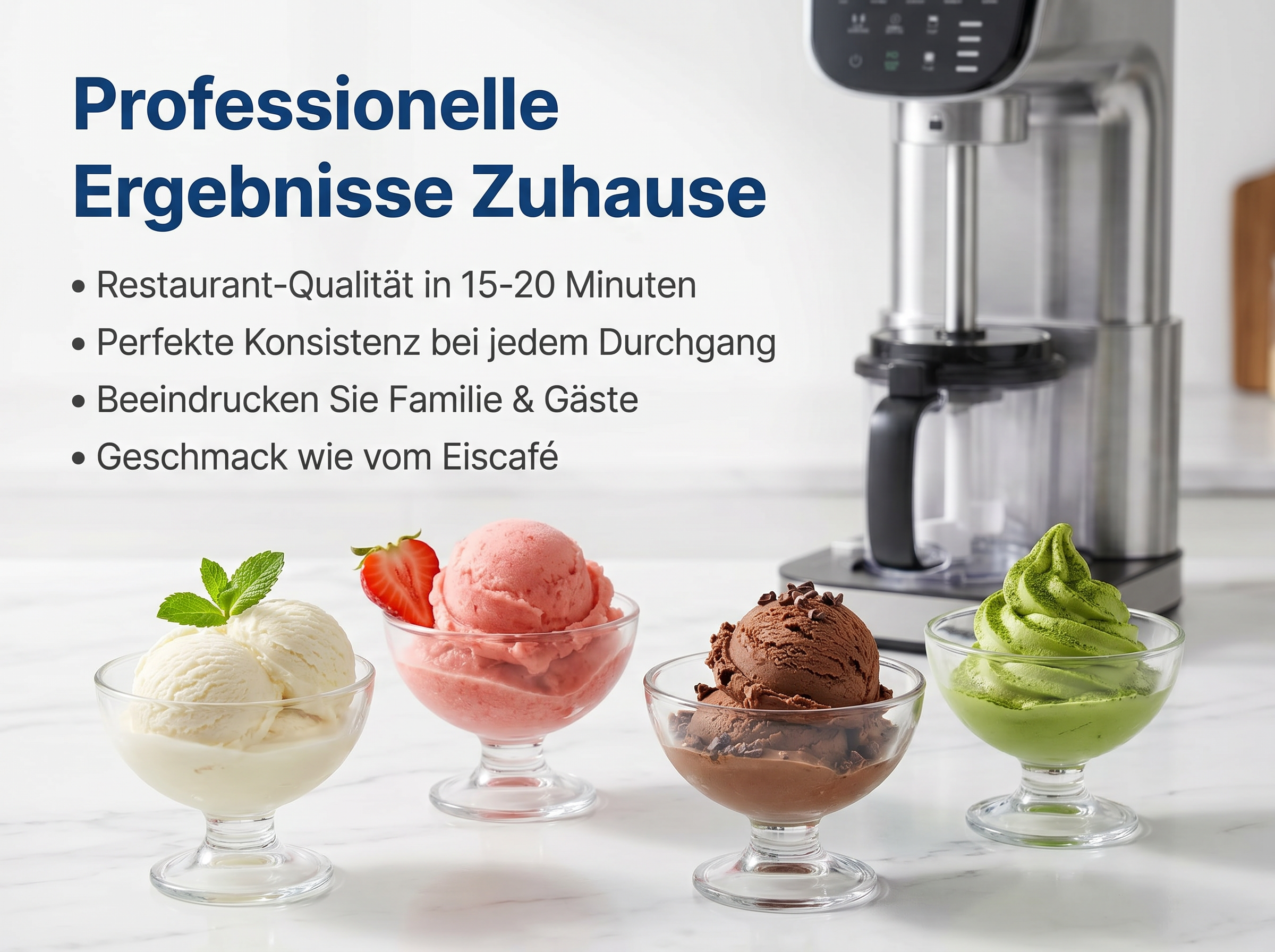 Eismaschine mit vier Eisbechern: Vanille, Erdbeer, Schoko, Matcha.