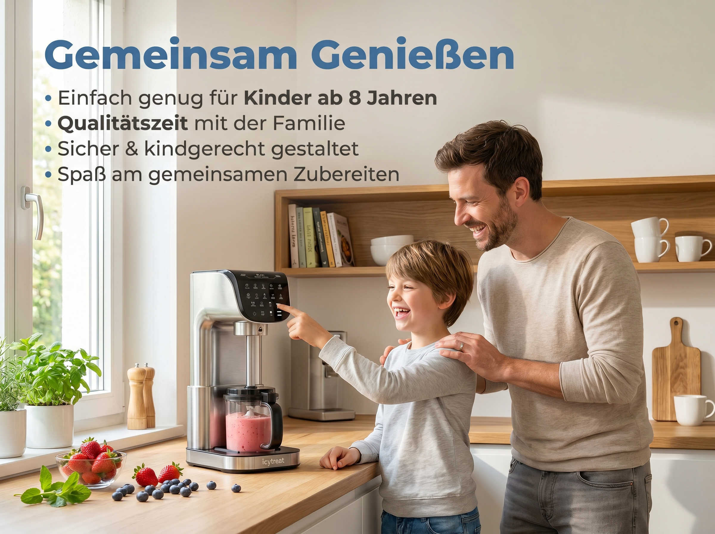 Vater und Sohn machen Smoothie an einem IHC TREAT Gerät in der Küche.