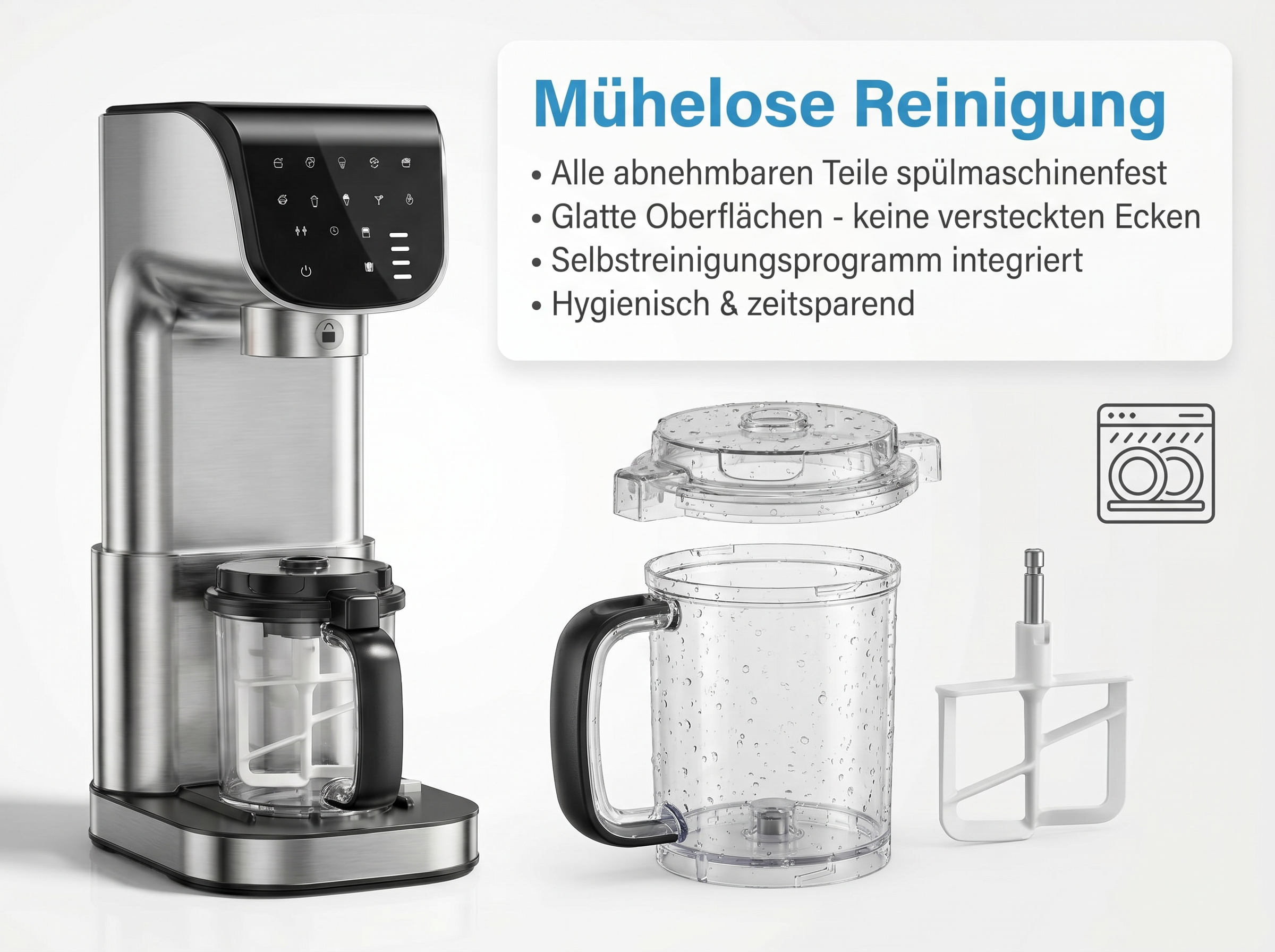 Ein silberner Küchenmixer mit transparentem Behälter und Zubehör.