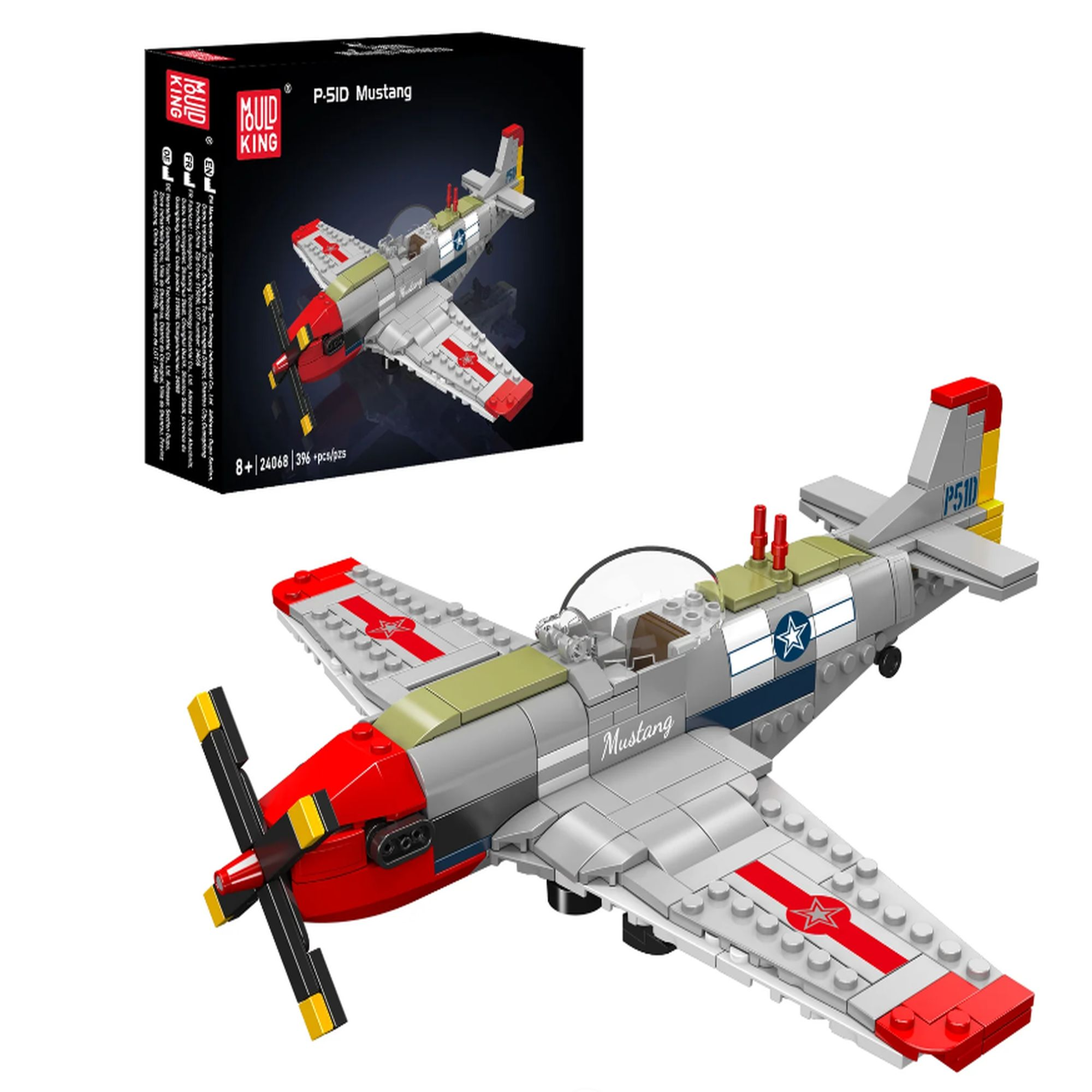 Zabawkowy samolot P-51D Mustang z klocków, z czerwoną osłoną silnika i skrzydłami.
