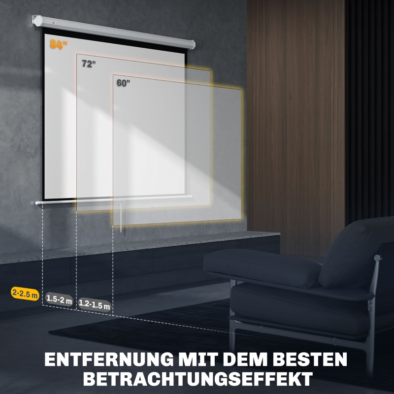 Projektionsleinwände in 84", 72", 60" mit empfohlenen Abständen.