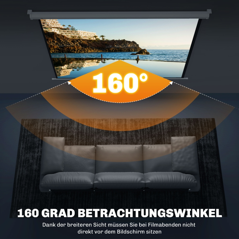 Ein Wohnzimmer mit einem großen Bildschirm, der eine Landschaft zeigt. Ein Sofa davor.