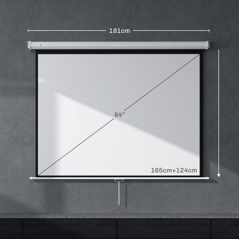 Leinwand 181cm breit, 84 Zoll Diagonale, 165x124cm Ansicht. An Wand montiert.