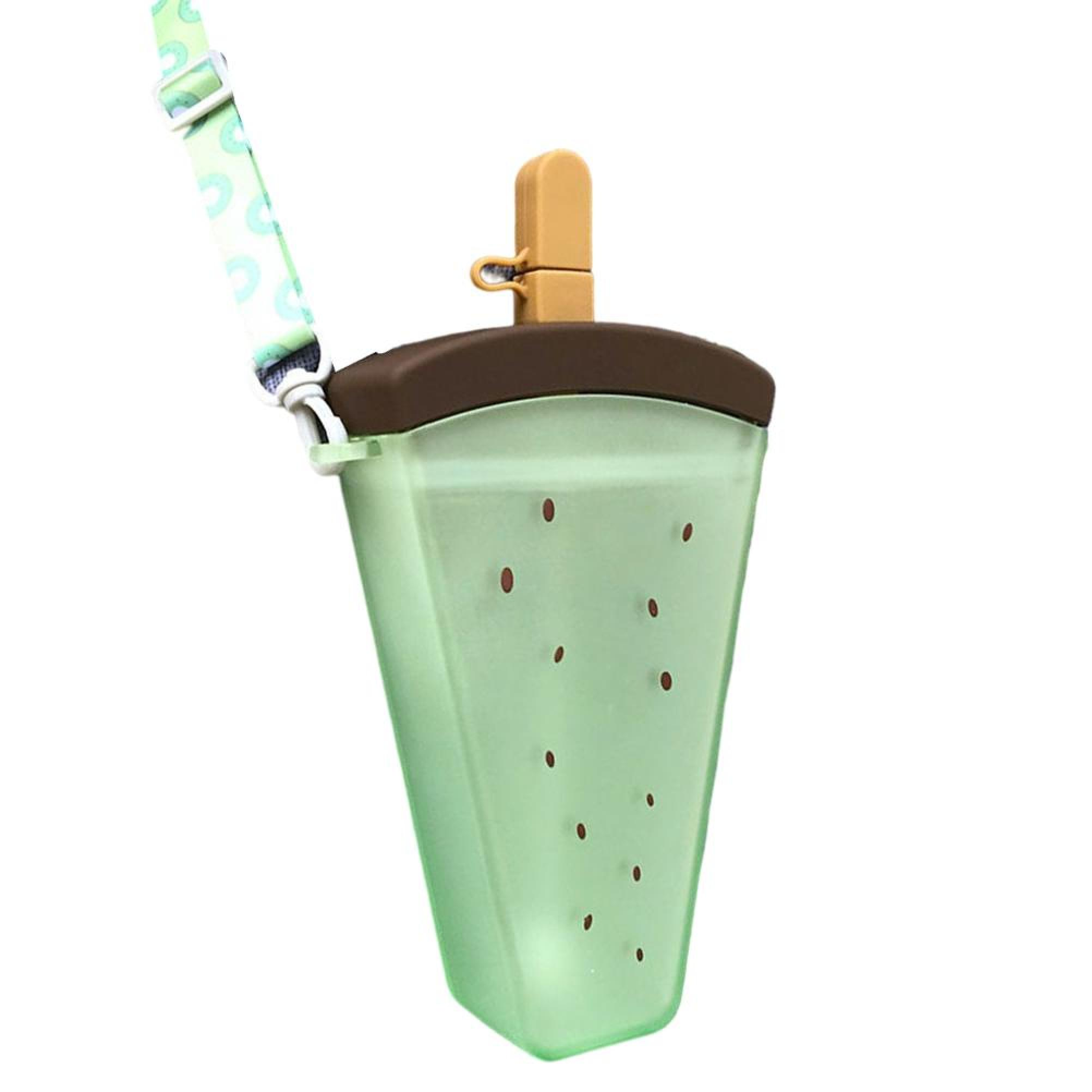 Grüne Eis am Stiel-Flasche mit braunem Deckel und Tragegurt.
