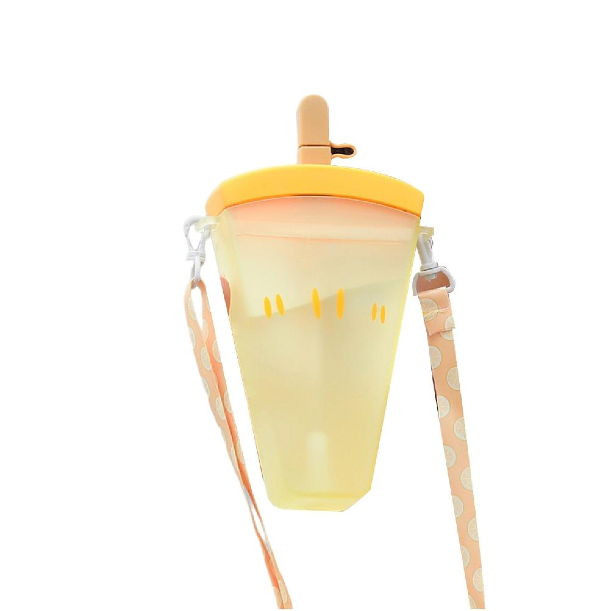 Gelbe Eisform-Wasserflasche mit Tragegurt und Zitronenmuster.