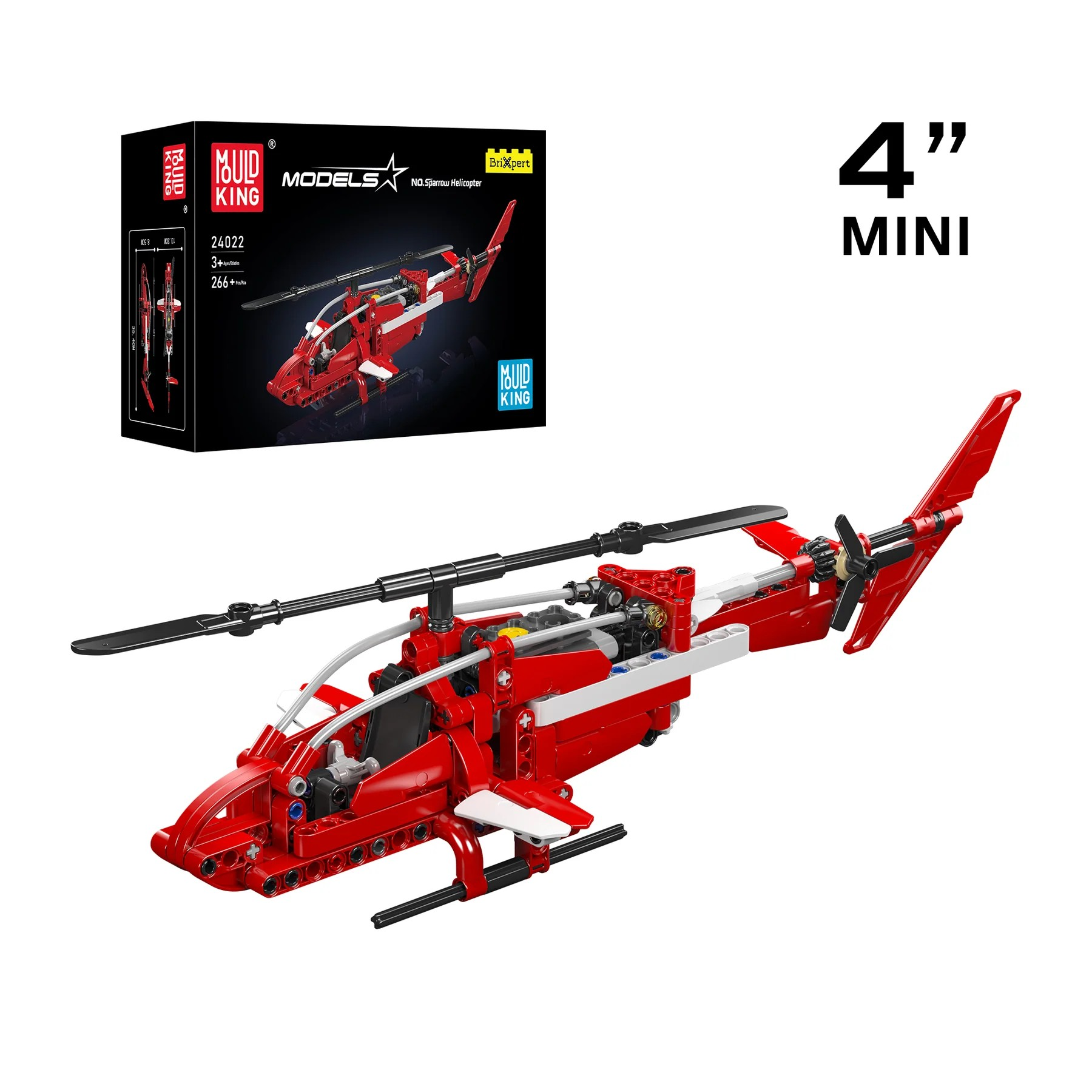Czerwony helikopter-zabawka z klocków znajduje się na białym tle.