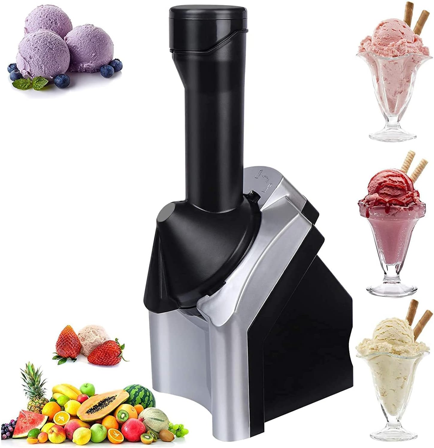 Schwarz-silberne Eismaschine mit Obst und Eis.