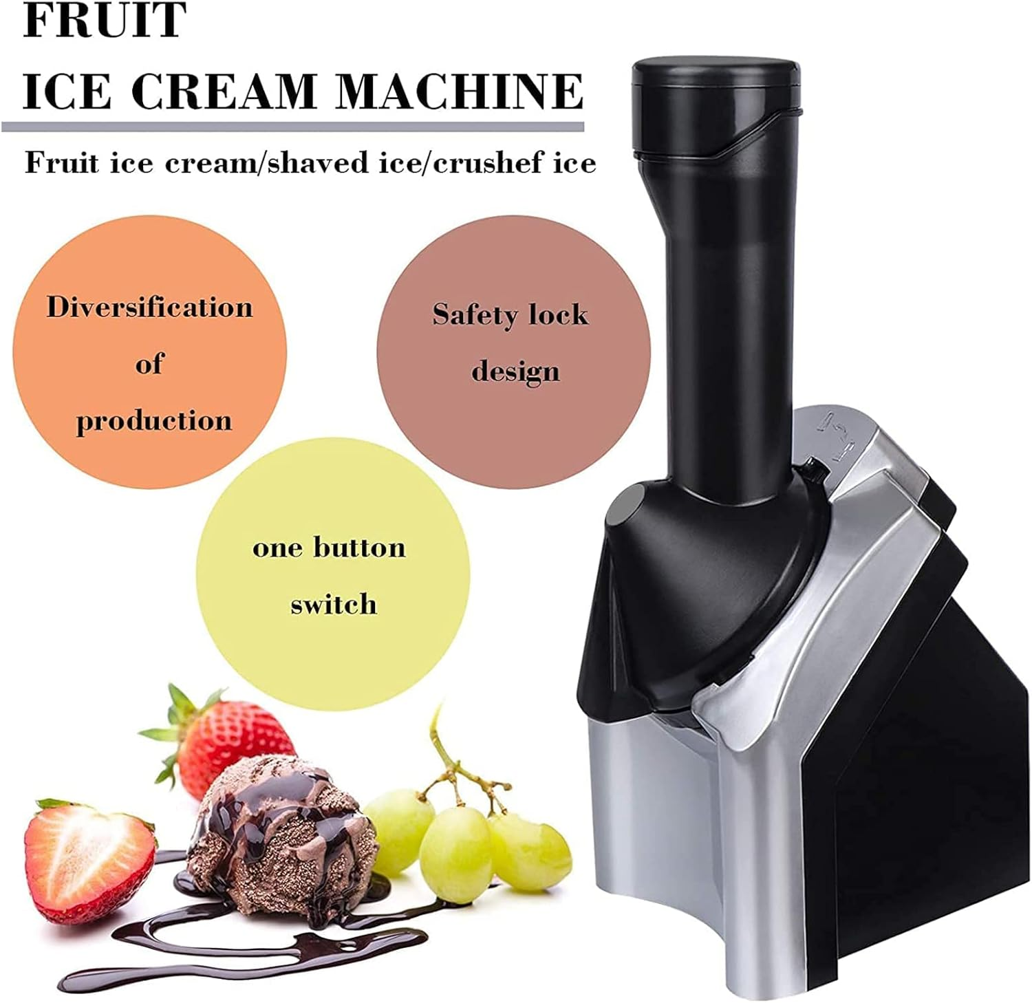 Fruchteis-Maschine mit Eis, Beeren und Trauben, mit Textfeldern.