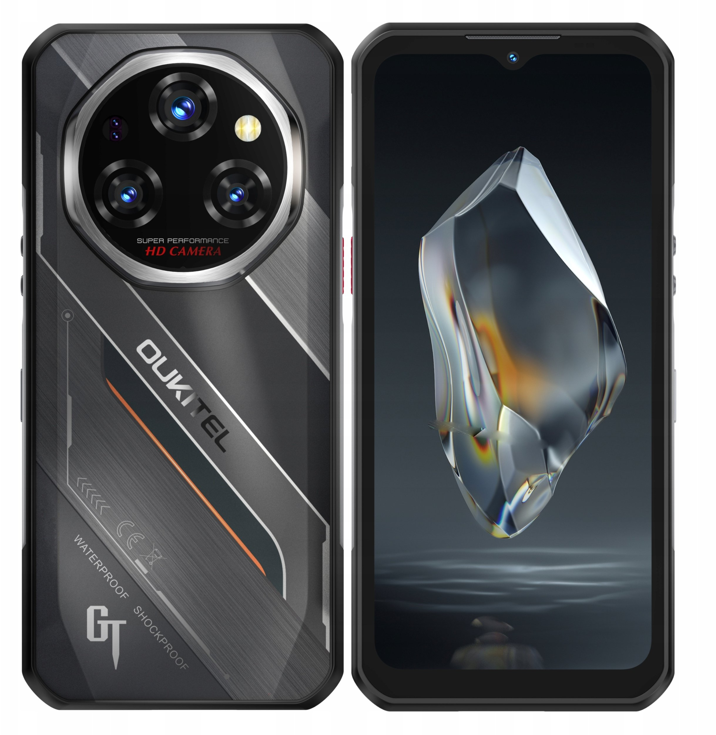 Uno smartphone con tripla fotocamera posteriore e un cristallo sullo schermo.