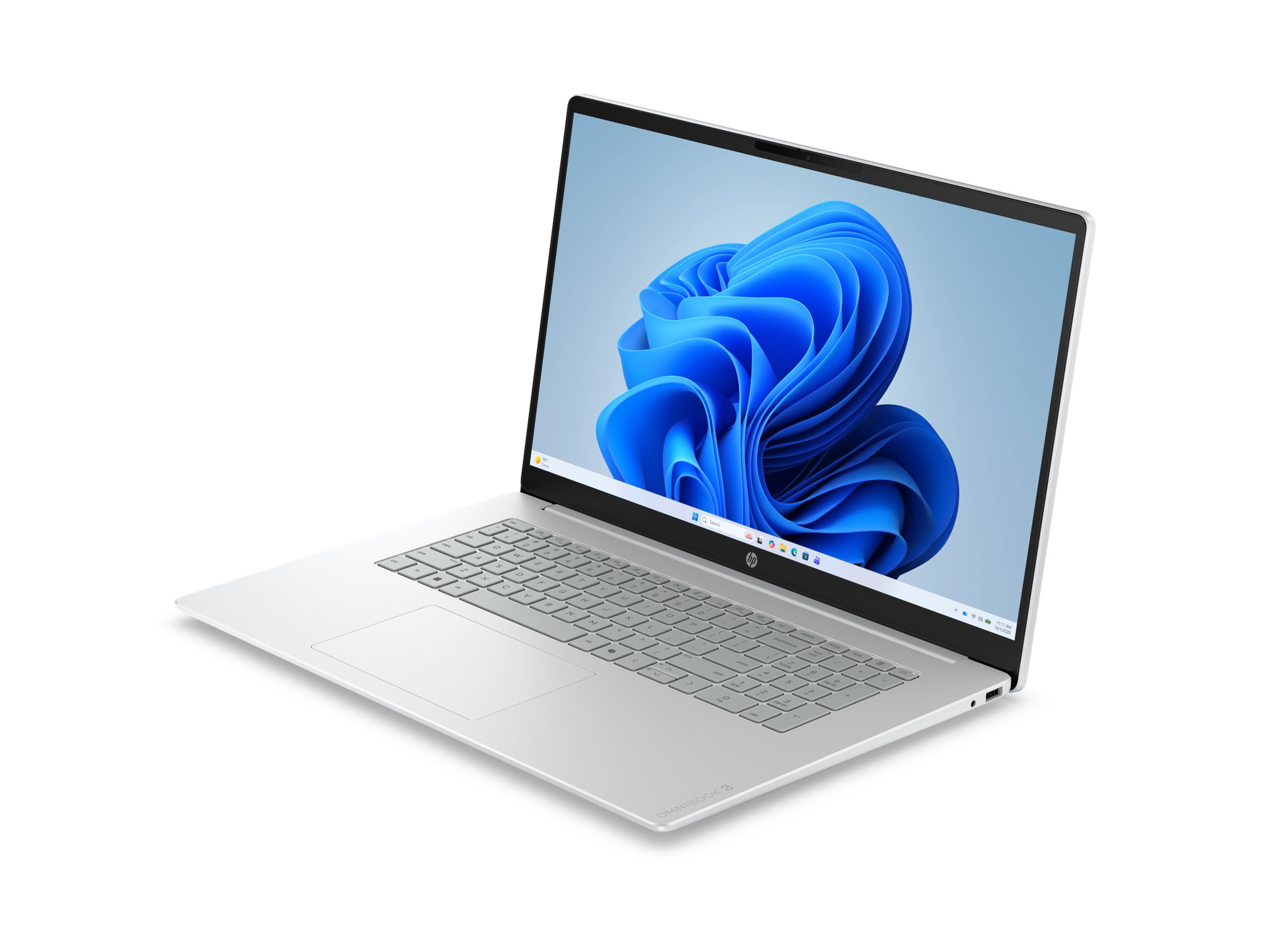 Ein silberner Laptop mit einem blauen Hintergrund auf dem Bildschirm.