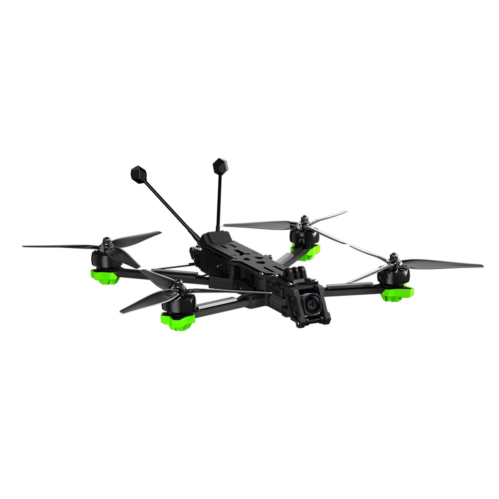 Czarny dron z zielonymi akcentami i czterema śmigłami jest pokazany na białym tle.