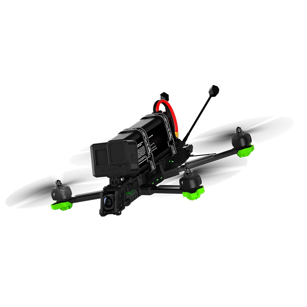 Czarny dron z kamerą i baterią, zielone akcenty, w locie