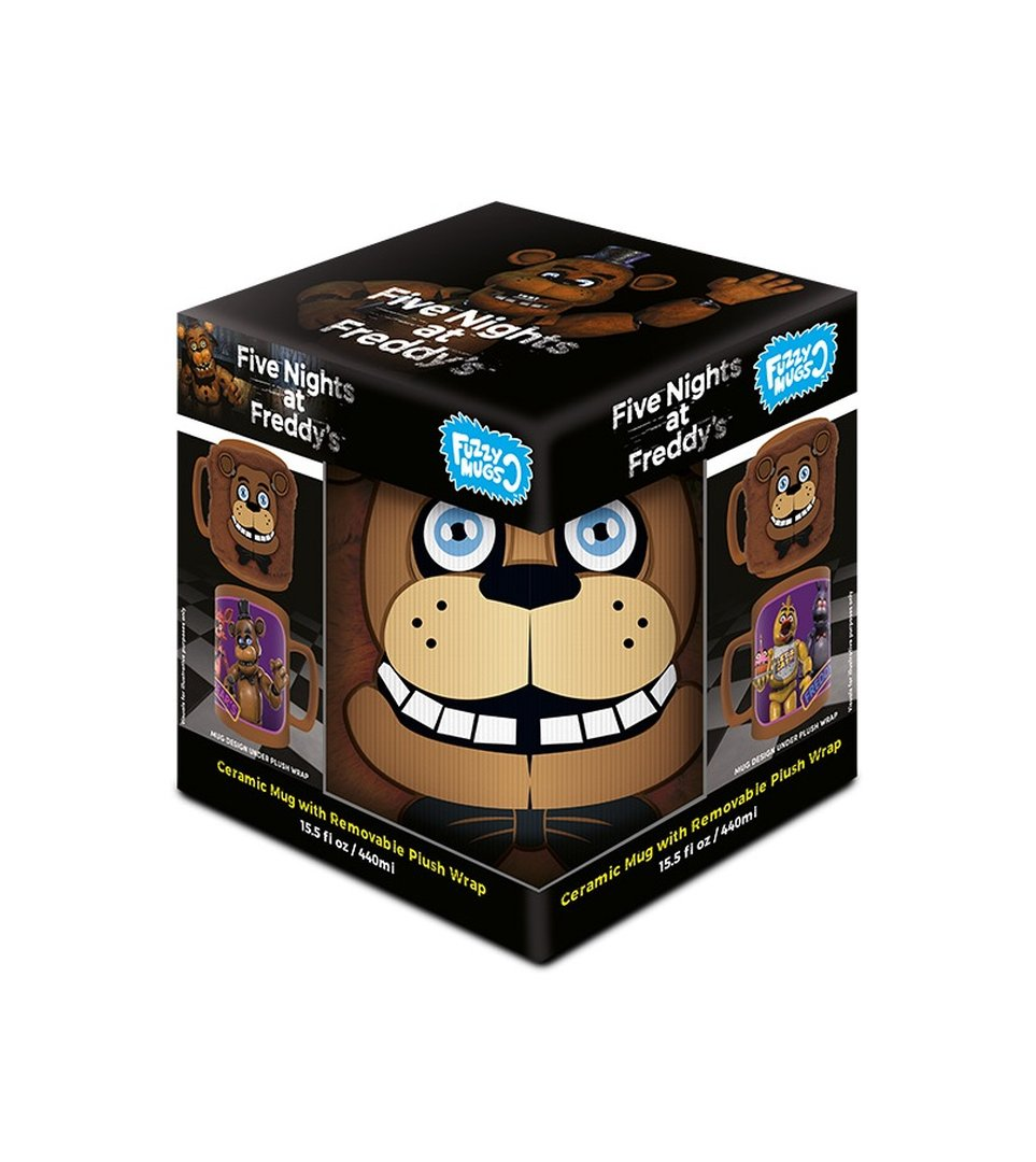 Op opakowaniu Freddy Fazbear z Five Nights at Freddy's, z projektami kubków.