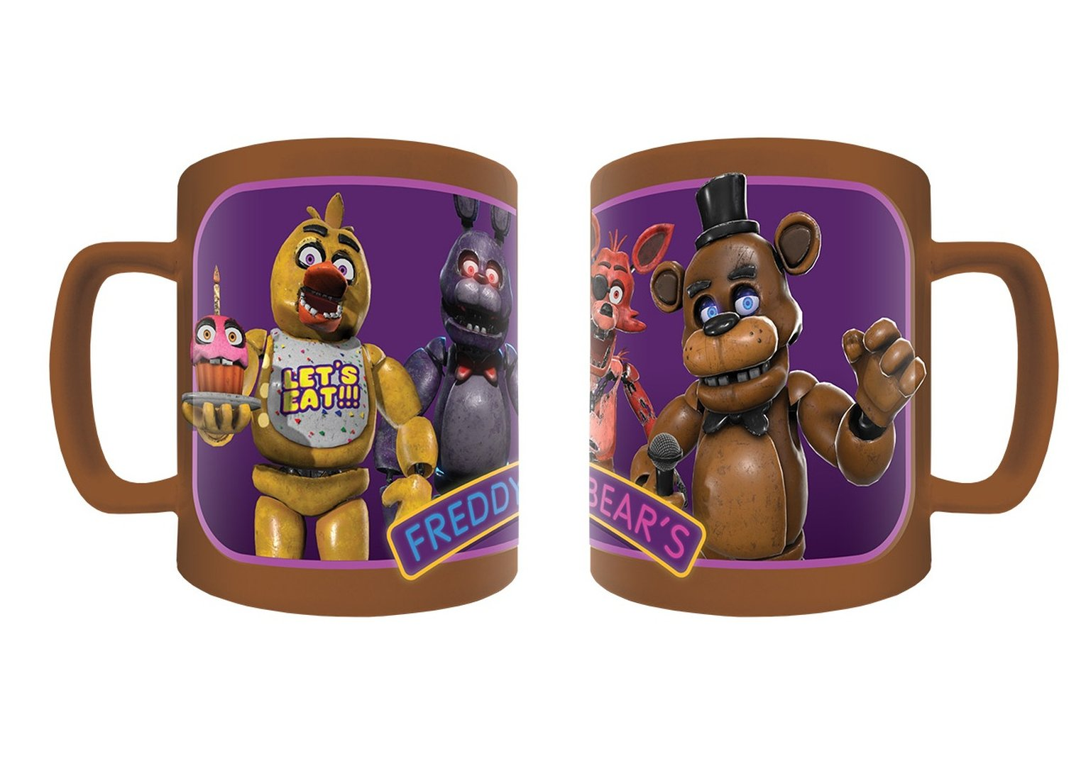 Kubek z postaciami Freddy Fazbear, Bonnie, Chica i Foxy na fioletowym tle.