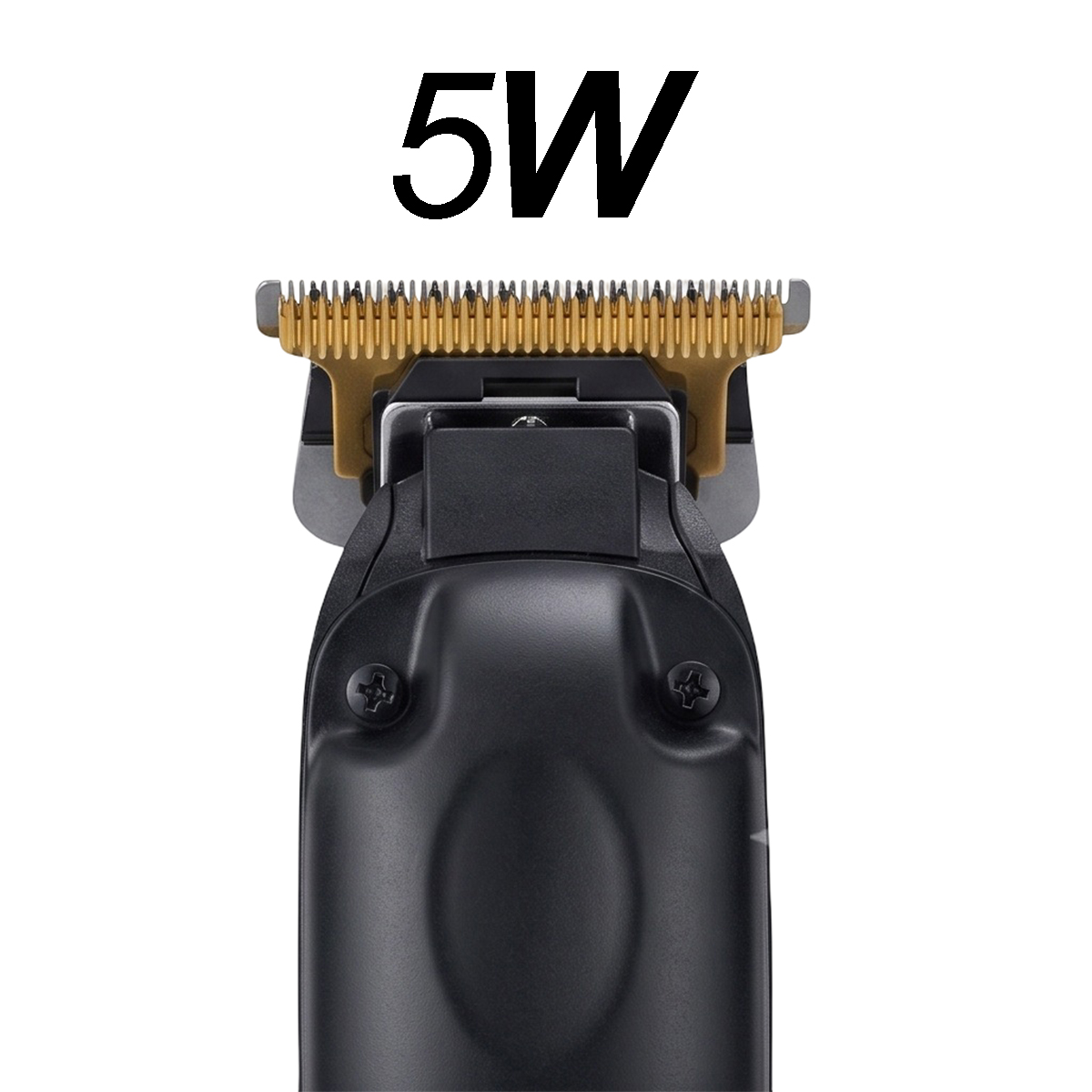 Nahaufnahme eines schwarzen Trimmers mit goldenen Klingen und der Aufschrift 5W.