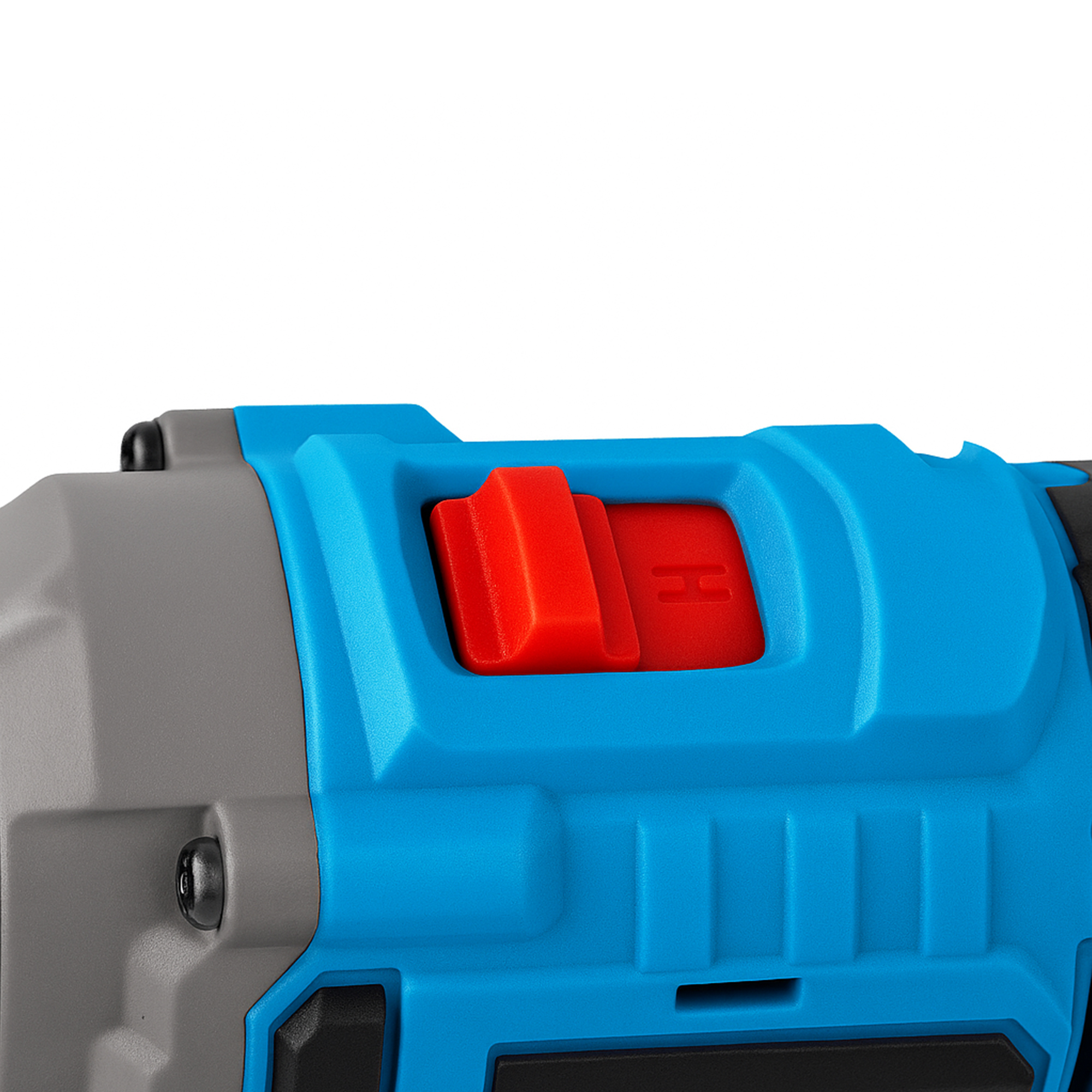 Un interruttore rosso su un corpo utensile blu e grigio.