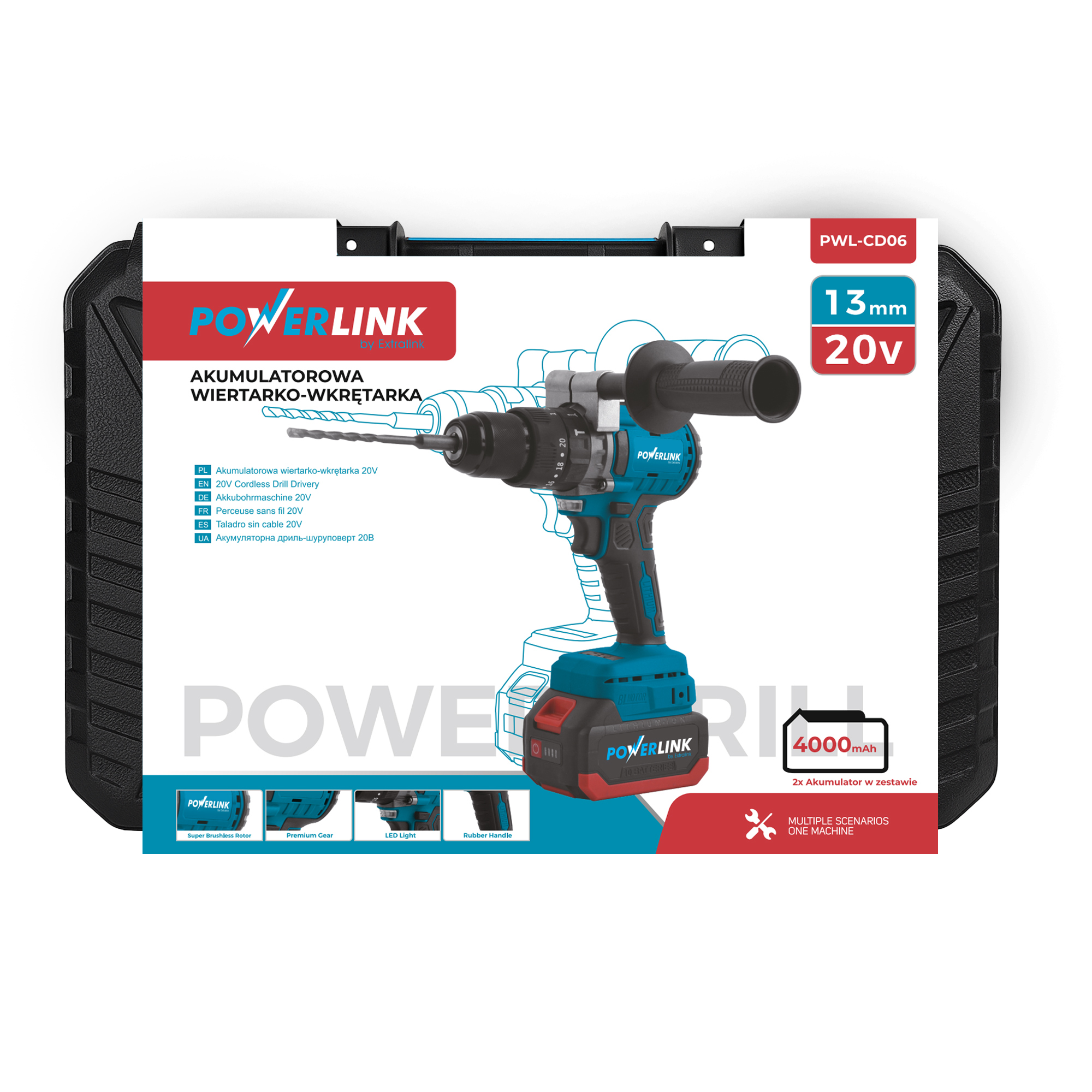 Un trapano avvitatore a batteria blu e nero con impugnatura ausiliaria e batteria da 20V.