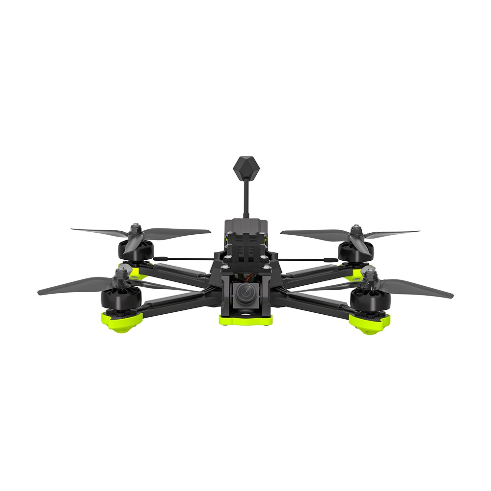 Czarny dron z neonowo zielonymi akcentami, kamerą i anteną.