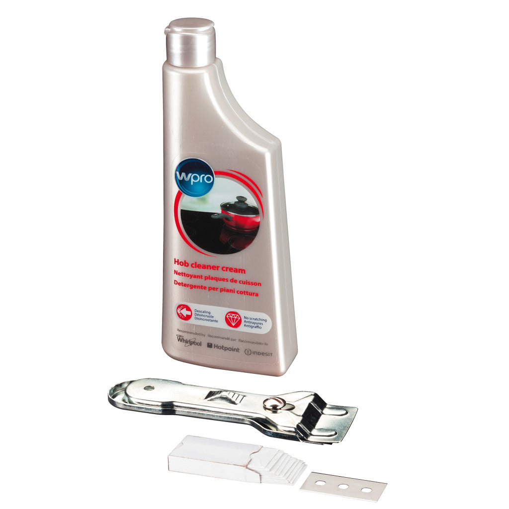 Flacone di crema pulisci piani cottura Wpro e raschietto con lame.