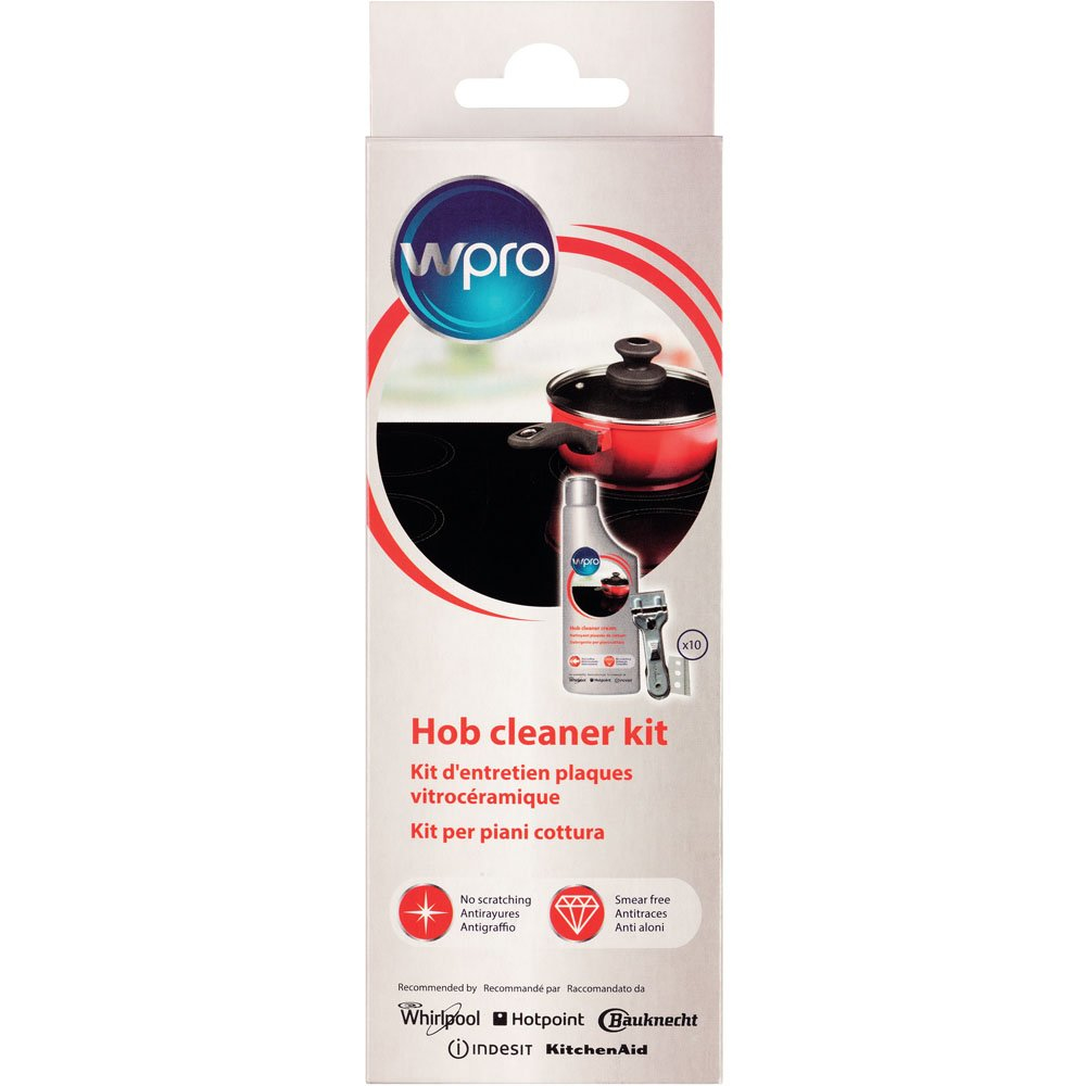 Kit pulitore Wpro per piani cottura in vetroceramica con flacone, raschietto e 10 lame.