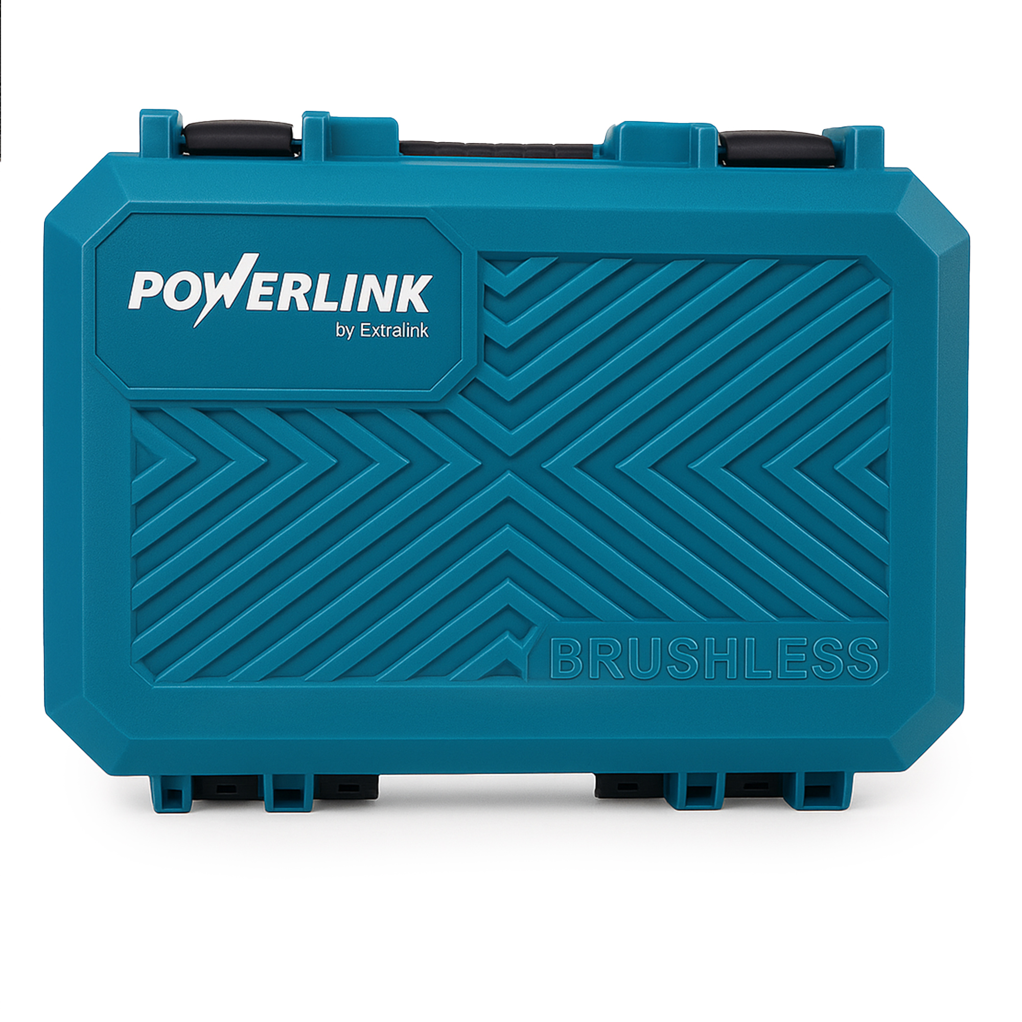 Una custodia color petrolio con testo "POWERLINK by Extralink" e "BRUSHLESS".