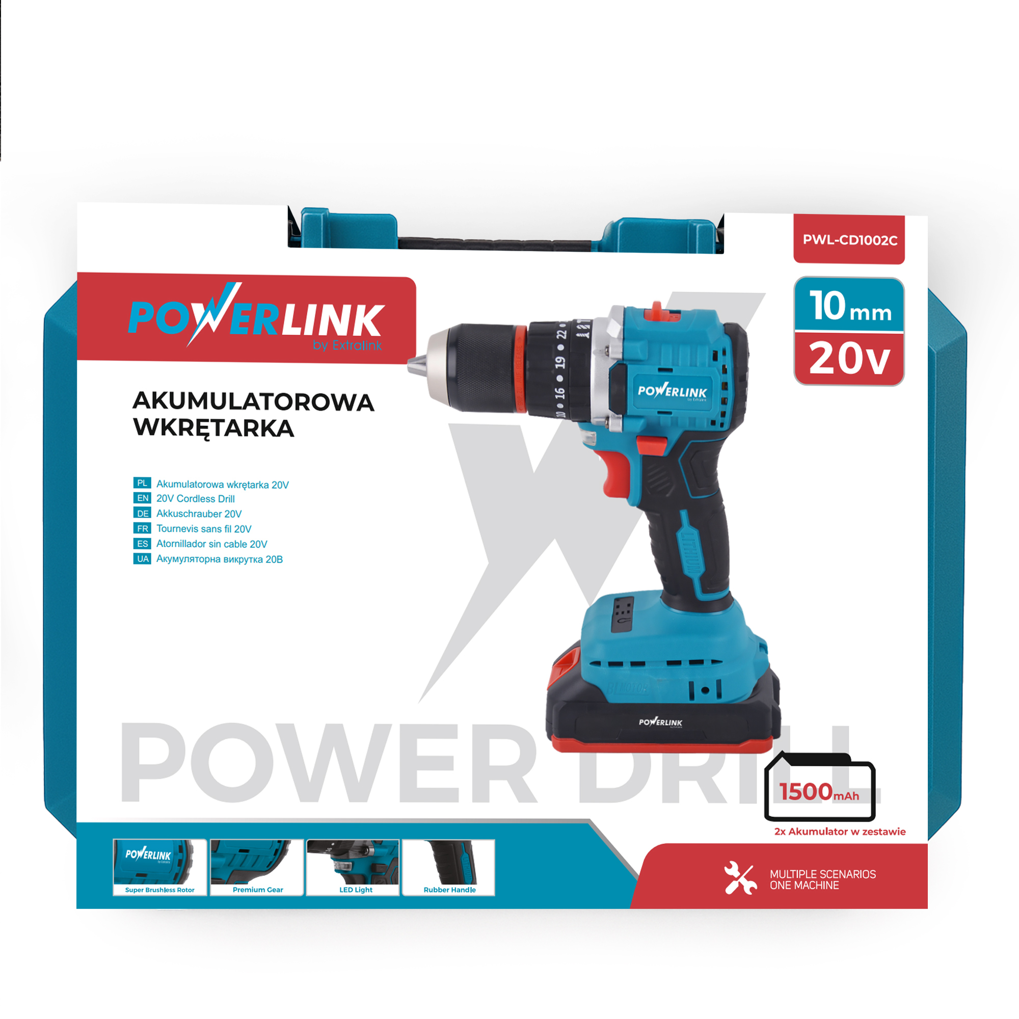 Un trapano avvitatore a batteria Powerlink blu e nero da 20V con mandrino da 10mm.