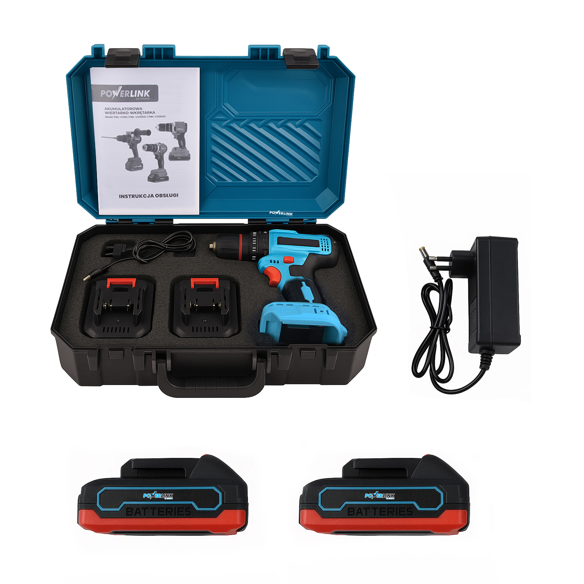 Un trapano a batteria blu con accessori in una custodia e due batterie.