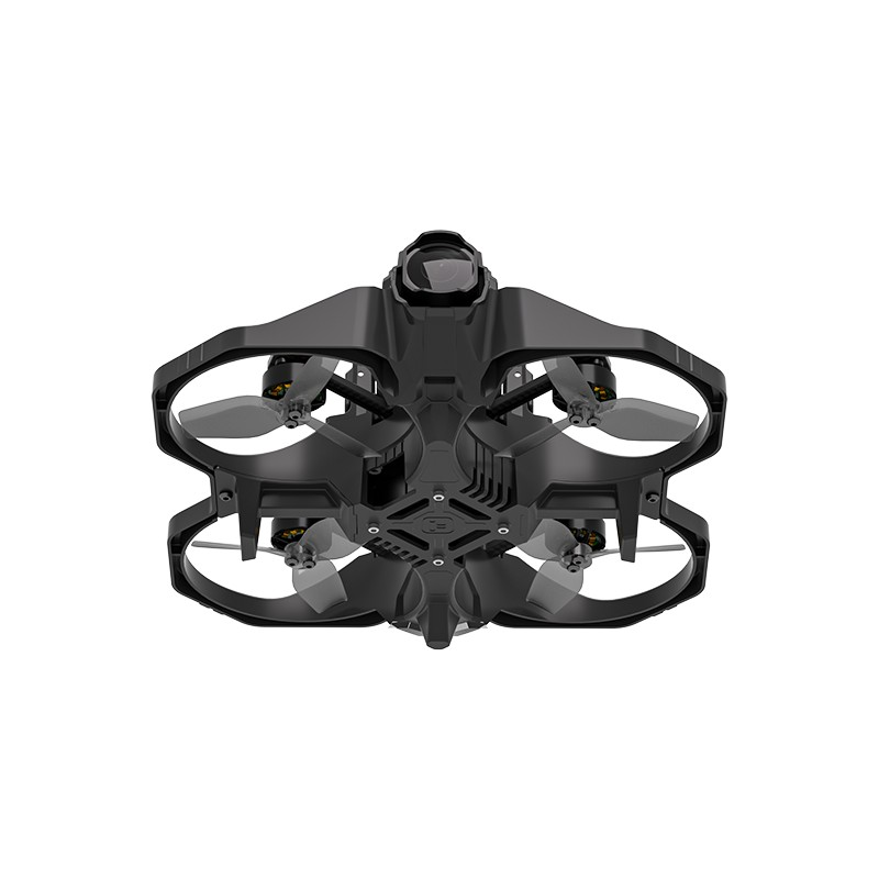 Czarny mini dron z czterema śmigłami i kamerą na górze.