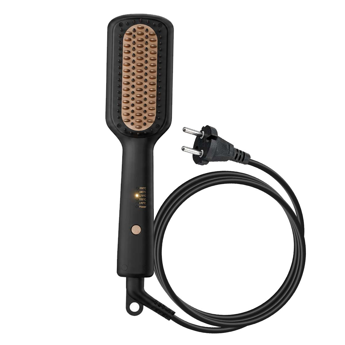 Schwarze Haarglättungsbürste mit goldenen Borsten, Netzkabel und Stecker. Temperatureinstellungen sichtbar.