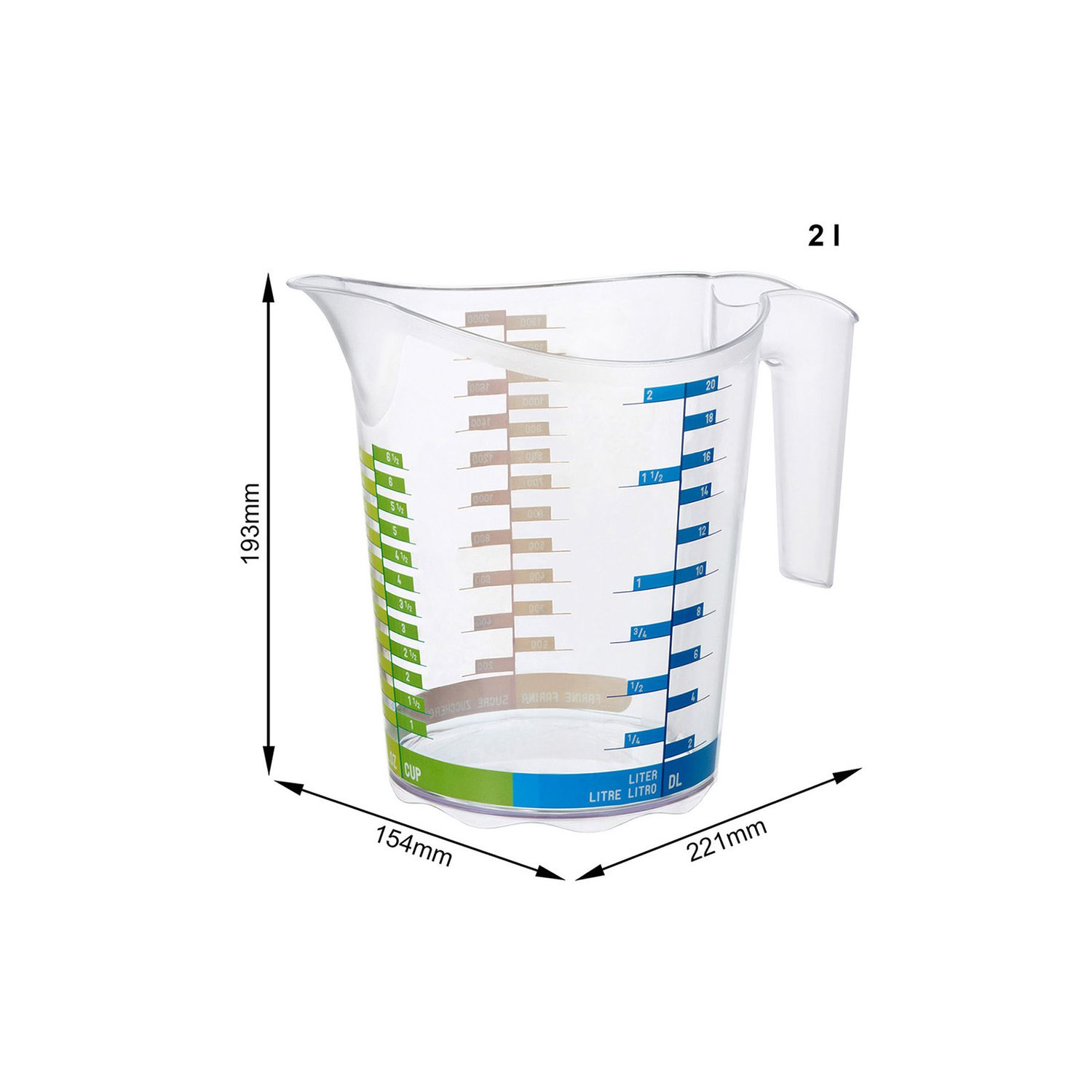 Una brocca graduata trasparente con manico e scale per litri, millilitri e once.