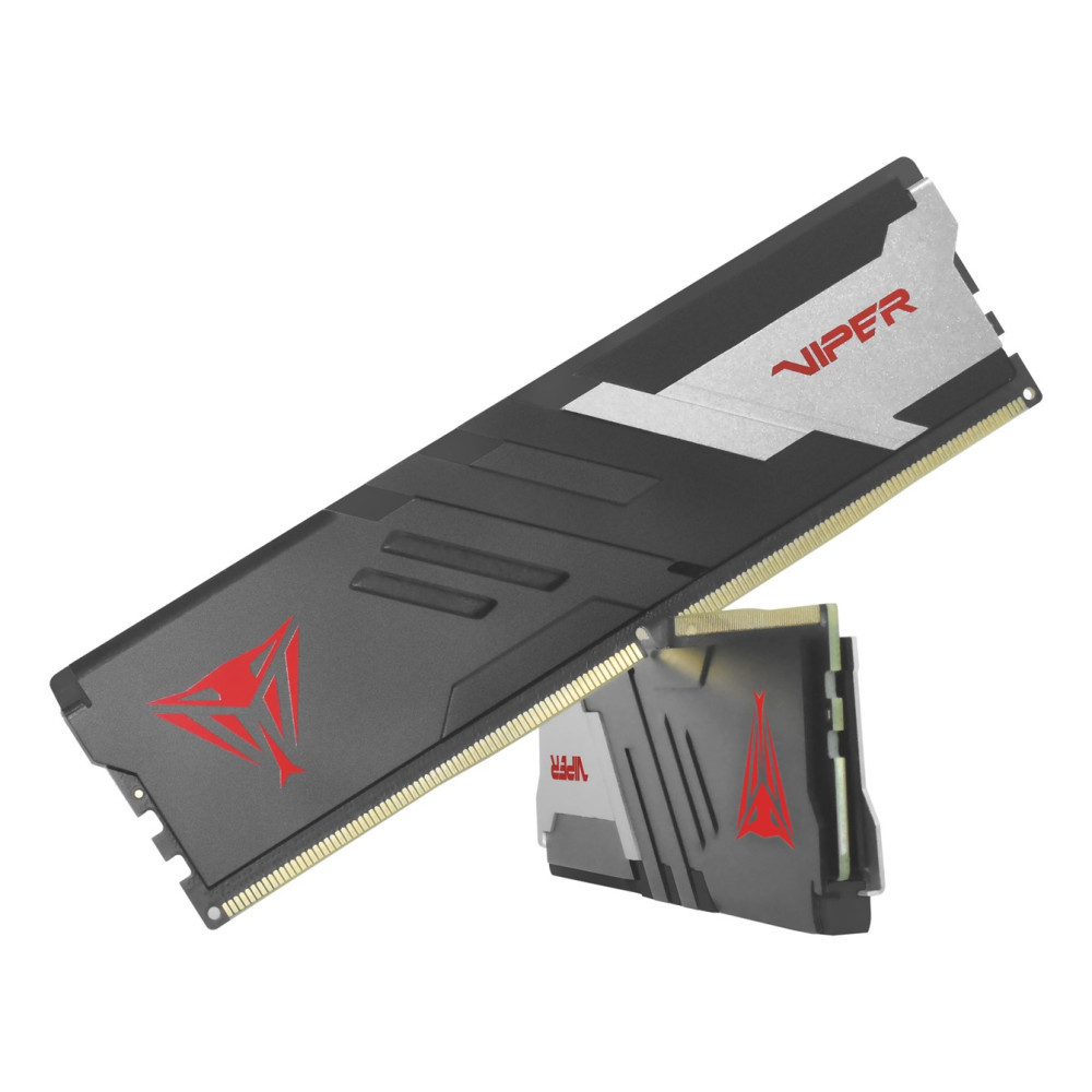 Dwa czarne moduły RAM Viper z czerwonymi logo i złotymi złączami na białym tle.