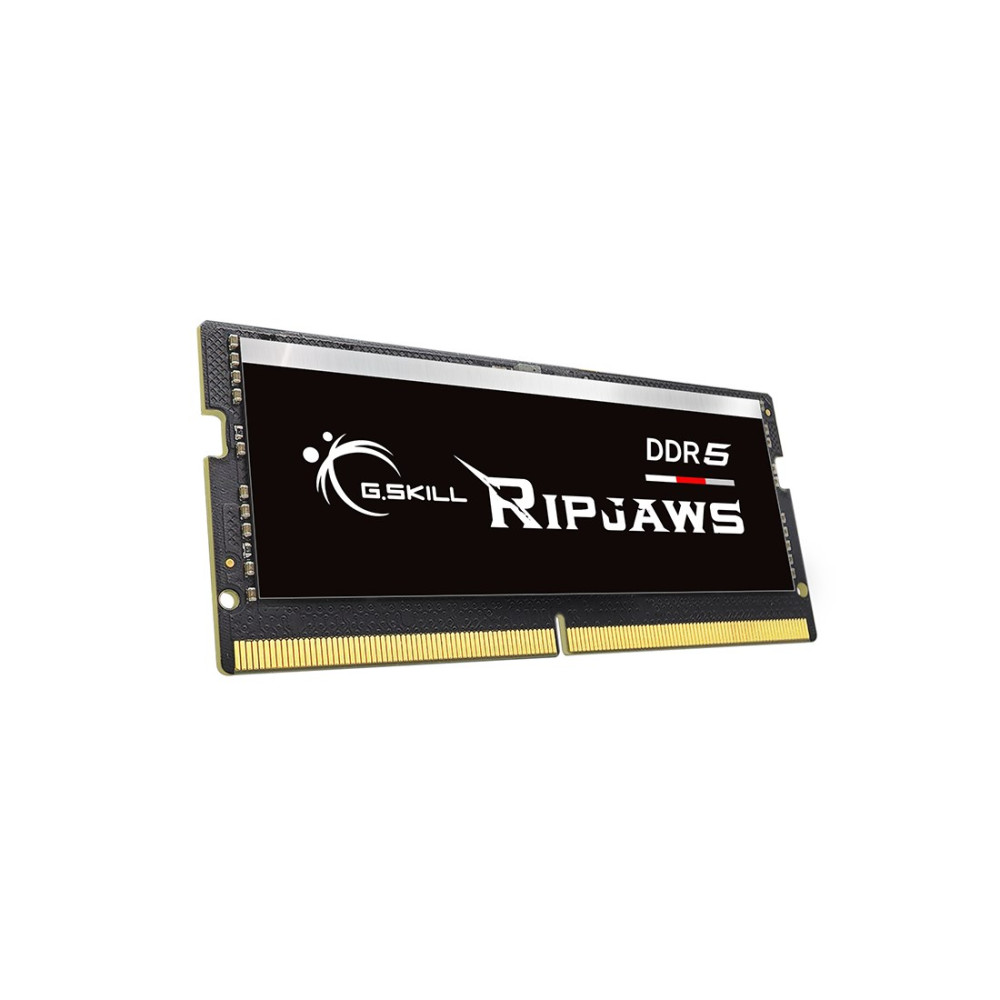Moduł RAM G.Skill Ripjaws DDR5 ze złotymi stykami na czarnym PCB.