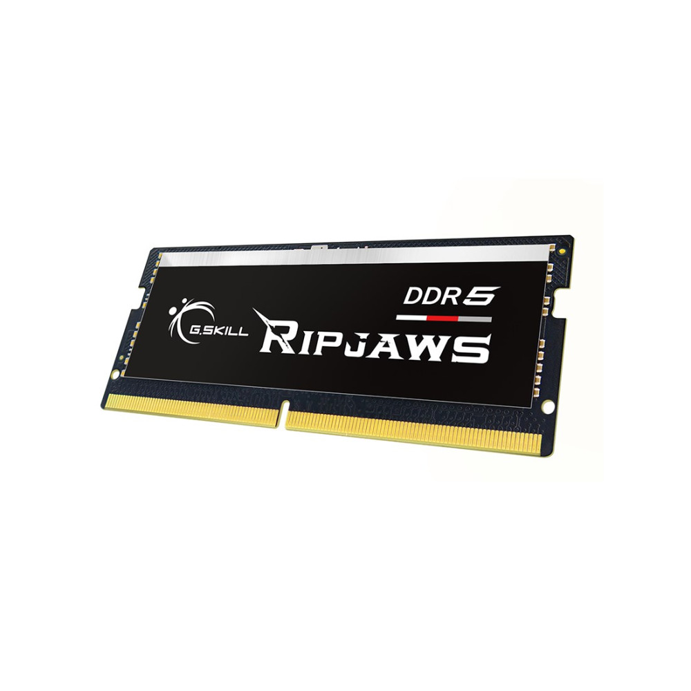 Moduł RAM G.Skill Ripjaws DDR5 z czarną etykietą i złotymi stykami.