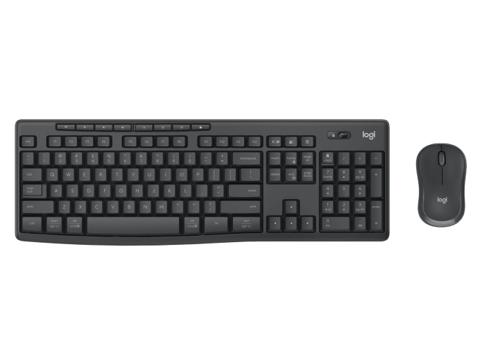 Koyu renkli Logitech klavye ve fare, siyah arka plan üzerinde yan yana duruyor.