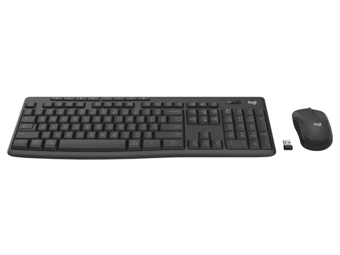 Siyah Logitech klavye, fare ve USB alıcısı siyah arka plan üzerinde.