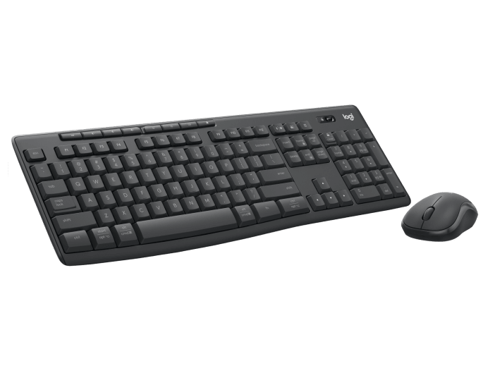 Koyu gri kablosuz Logitech klavye ve fare siyah arka plan üzerinde.