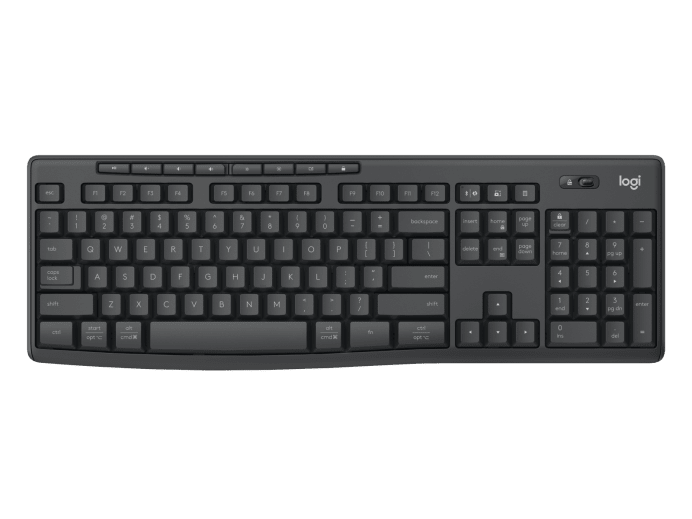 Standart tuş düzeni ve sayısal tuş takımına sahip koyu renkli Logitech klavye.