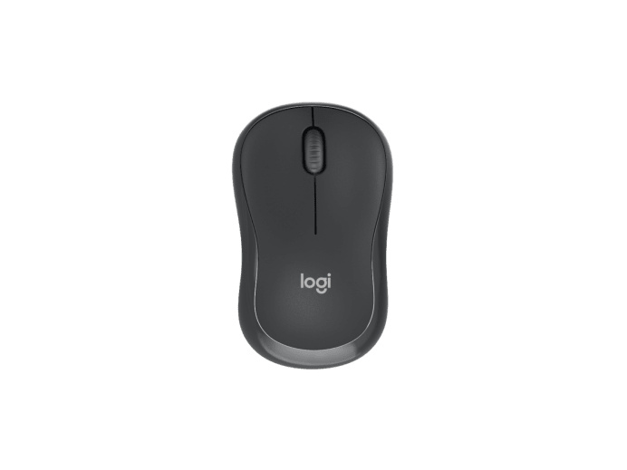 Kaydırma tekerleği ve düğmeleri olan koyu renkli Logitech fare, beyaz zeminde.