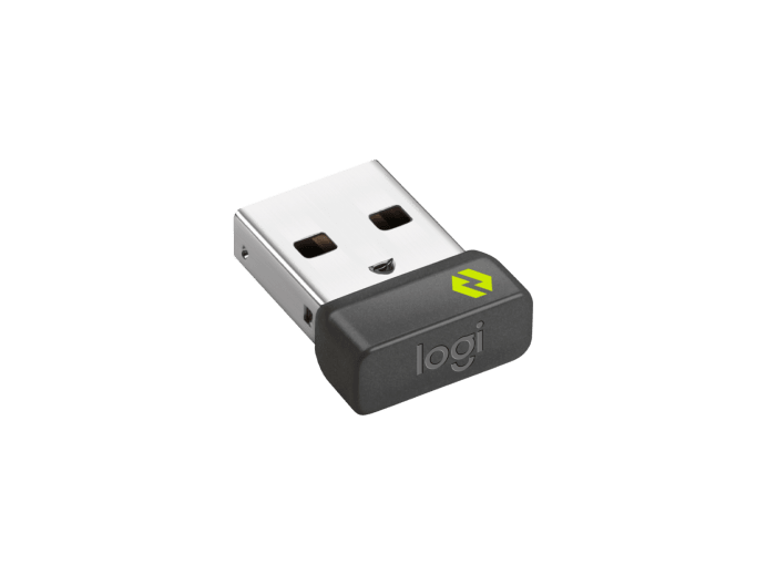 Logi logosu ve yeşil şimşekli küçük, koyu renkli USB alıcısı.