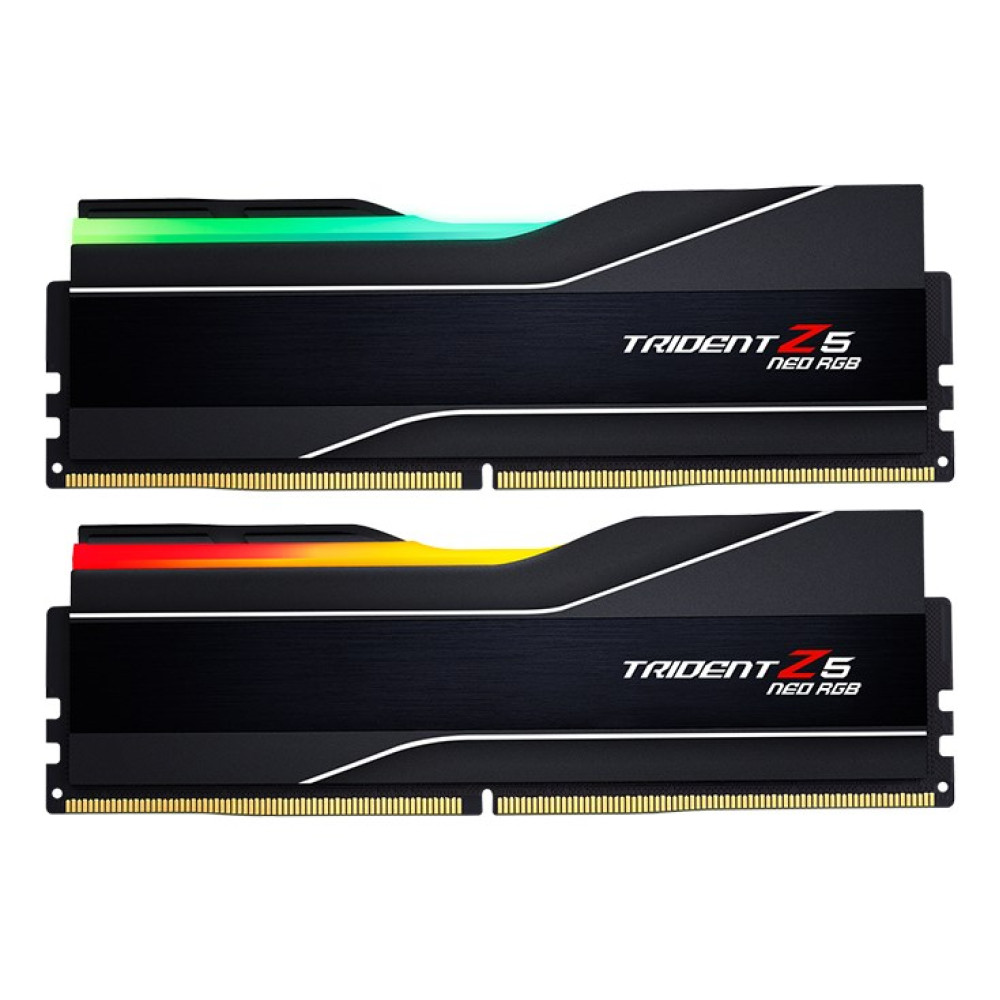 Dwa czarne moduły RAM Trident Z5 Neo RGB z zielonym i czerwono-żółtym podświetleniem.
