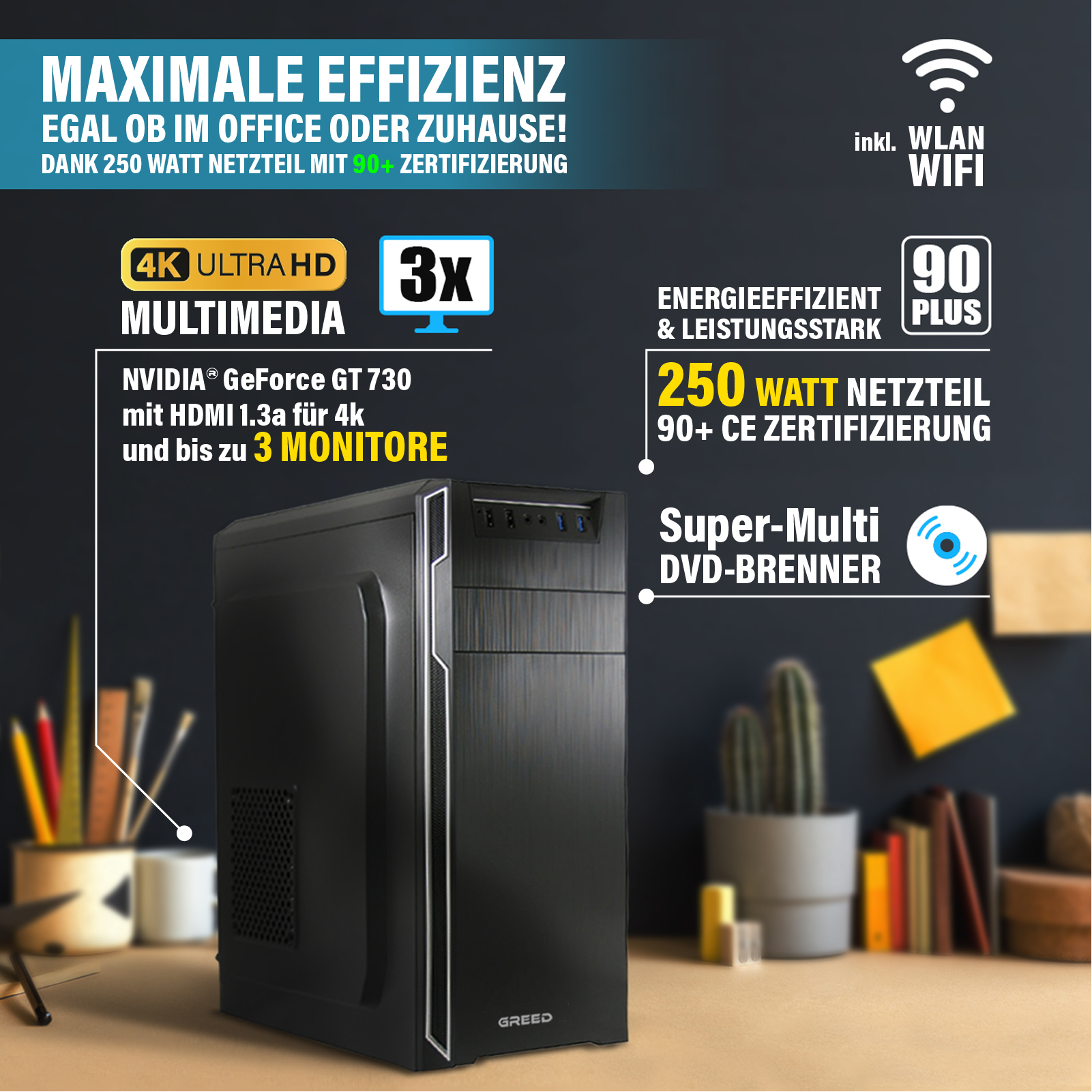 Czarna obudowa komputera z nakładkami tekstowymi o wydajności, 4K, 3 monitorach, zasilaczu 250W, WiFi.